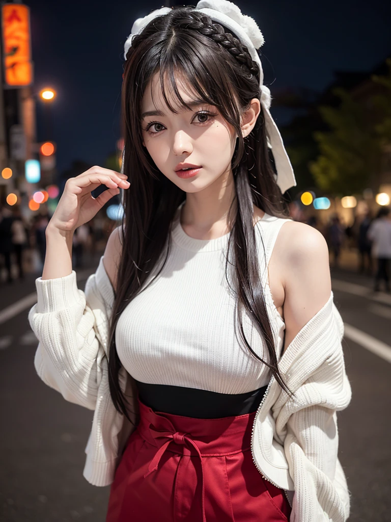 1 Girl, Tokyo Street,night, city View,City Lights, Upper Body,close-fitting sweater,close up, 8K, original photo, best quality, masterpiece,Practical, photo-Practical,Red rose headdress, Parted bangs, long hair,蓬勃後long hair,(braid,細braid,braid在臉二側),Headbands, Large Breasts,Show your shoulders