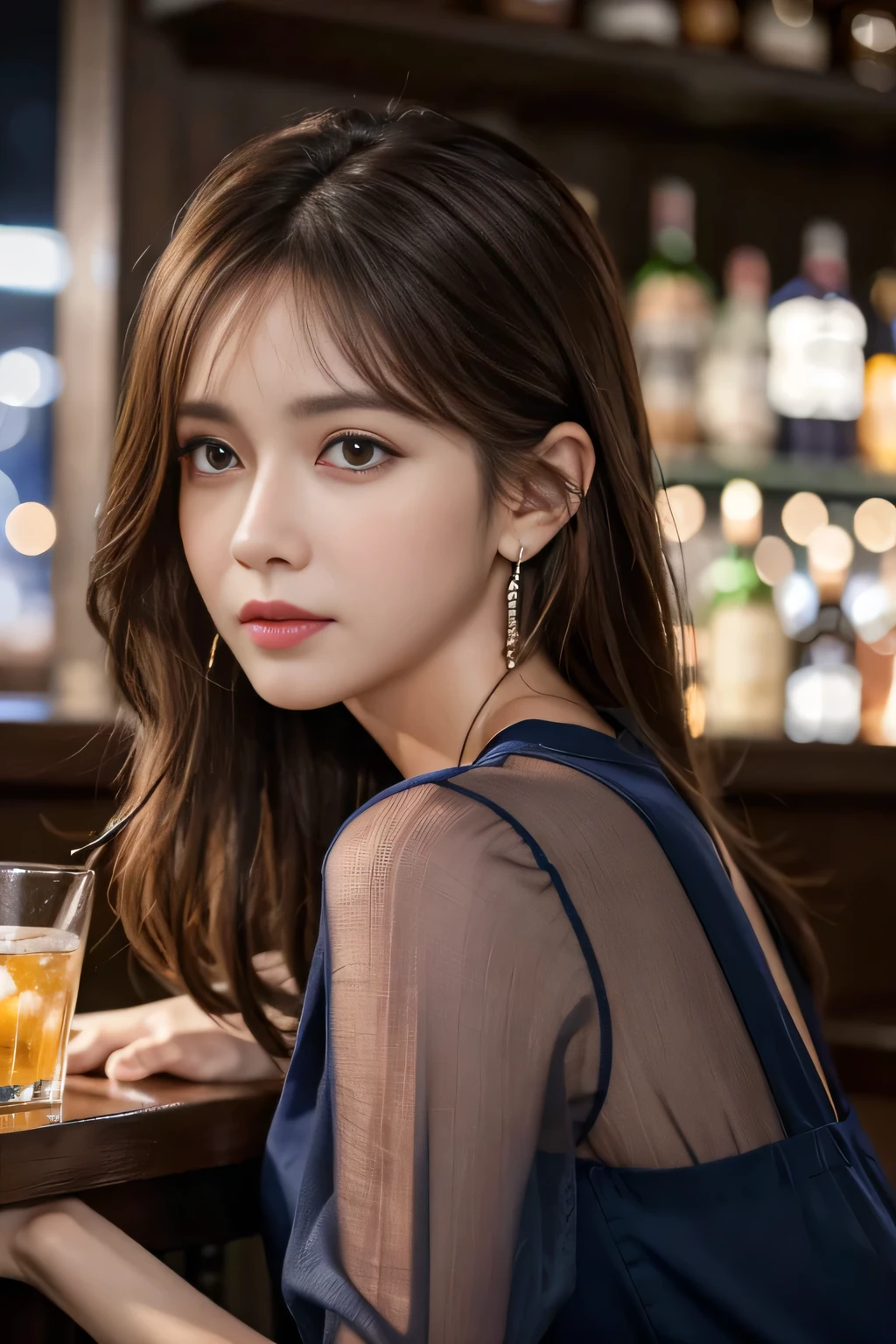 masterpiece, highest quality, Realistic, Very detailed, Finer details, High resolution, 8k wallpaper, One beautiful woman, Wear a navy blue see-through shirt, Great bar restaurant, At night, Light brown messy hair, Perfect dynamic composition, Beautiful and beautiful eyes、Big earrings