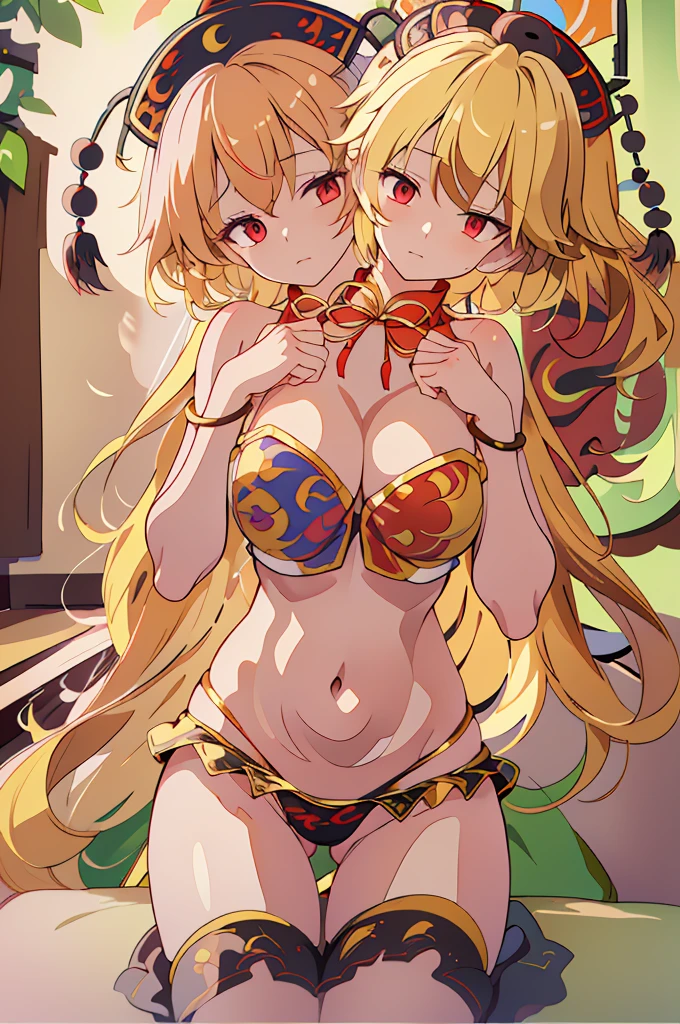 (masterpiece, best quality), best quality, (ultra-detailed), (3heads:1.5), 1girl, (junko (touhou):1.3), masterpiece, top best quality, ultra quality, ultra resolution, ultra detail, black top, crop top, ((stomach)), midriff, ((groin)), red and black skirt, normal ears, shackles, blonde hair, very long hair, wavy hair, sidelocks, red eyes, parted lips, blonde, sweat, cute, toned belly, hand on own chest, eyelashes, (25 year old woman:1.3), (masterpiece:1.5), (best quality:1.5), (beautiful detailed), extremely detailed CG, extremely delicate and beautiful, depth of field, (finely detailed face), (perfect details:1.3), (mature female:1.3), wide pelvis, slender, large veiny breast, 16k resolution, highres, very high quality, very high definition, extremely detailed, masterpiece, blonde hair, long hair, alluring presence, braid, short skirt, close up, big tits, young, chinese clothes, hair ornament, chinese headdress, adult woman, blonde woman, milf, same hair color, blonde hair,