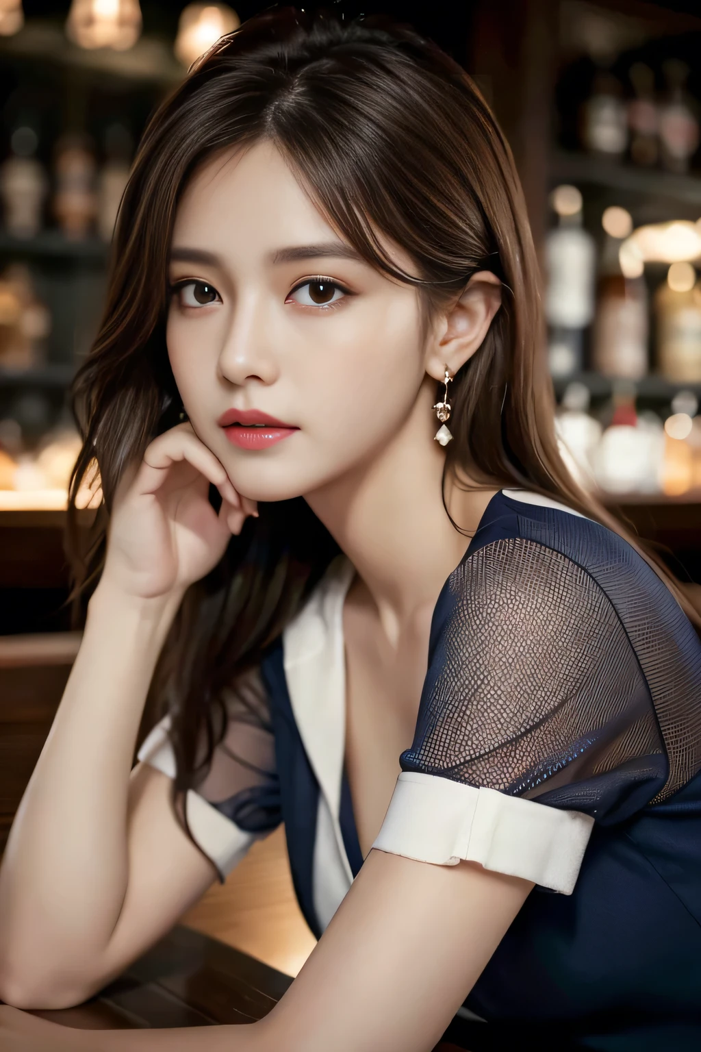 masterpiece, highest quality, Realistic, Very detailed, Finer details, High resolution, 8k wallpaper, One beautiful woman, Wear a navy blue see-through shirt, Great bar restaurant, At night, Light brown messy hair, Perfect dynamic composition, Beautiful and beautiful eyes、Big earrings