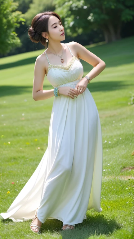 Girl, large breast in a peasant dress, necklace, bracelet, earrings, bun hair, wedges, full body photoshoot, walk on the green grass, real skin texture, detailed detail, 