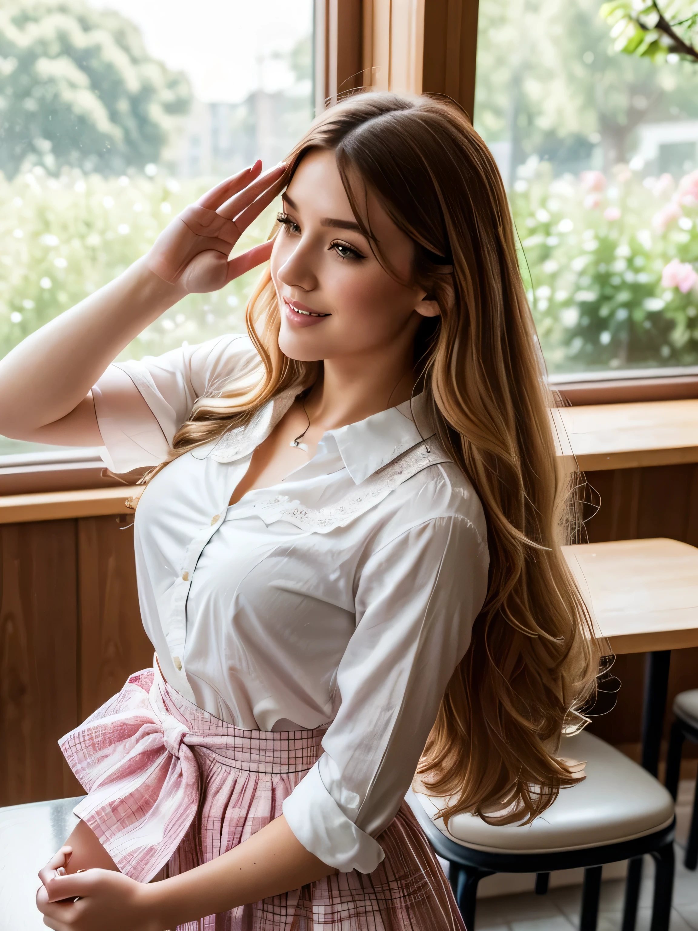 (highest quality,4K,8k,High resolution,masterpiece:1.2),Super detailed,(Realistic,photoRealistic,photo-Realistic:1.37),Beautiful and cute 18-year-old female student wearing a sexy high ,girl,garden,Beautiful views,Soft sunlight,A book in her hand,Laugh brightly,Bright expression,Blonde Hair,blue eyes,Long Curly Hair,She has a pink ribbon in her hair,White blouse,Checkered short skirt,tall white socks,Black Loafers,Stylish backpack,Cafeteria Background,Students eating lunch,A table with colorful food trays,Juicy burgers,Fresh sandwiches,Crispy French Fries,salad,Fruit bowl,A variety of refreshing drinks,glass windows overlooking green gardens and blooming flowers,Vibrant colors,Pastel Tones,Picturesque style,Soft brushwork,Dreamy atmosphere,Playful lighting,Sunlight streaming through the window,Create beautiful patterns on walls and floors,Long straight hair_Hair reaching down to the waist、((Place your left hand gently on your chin，right hand holding chest:1.3)),((salute:1.3)),