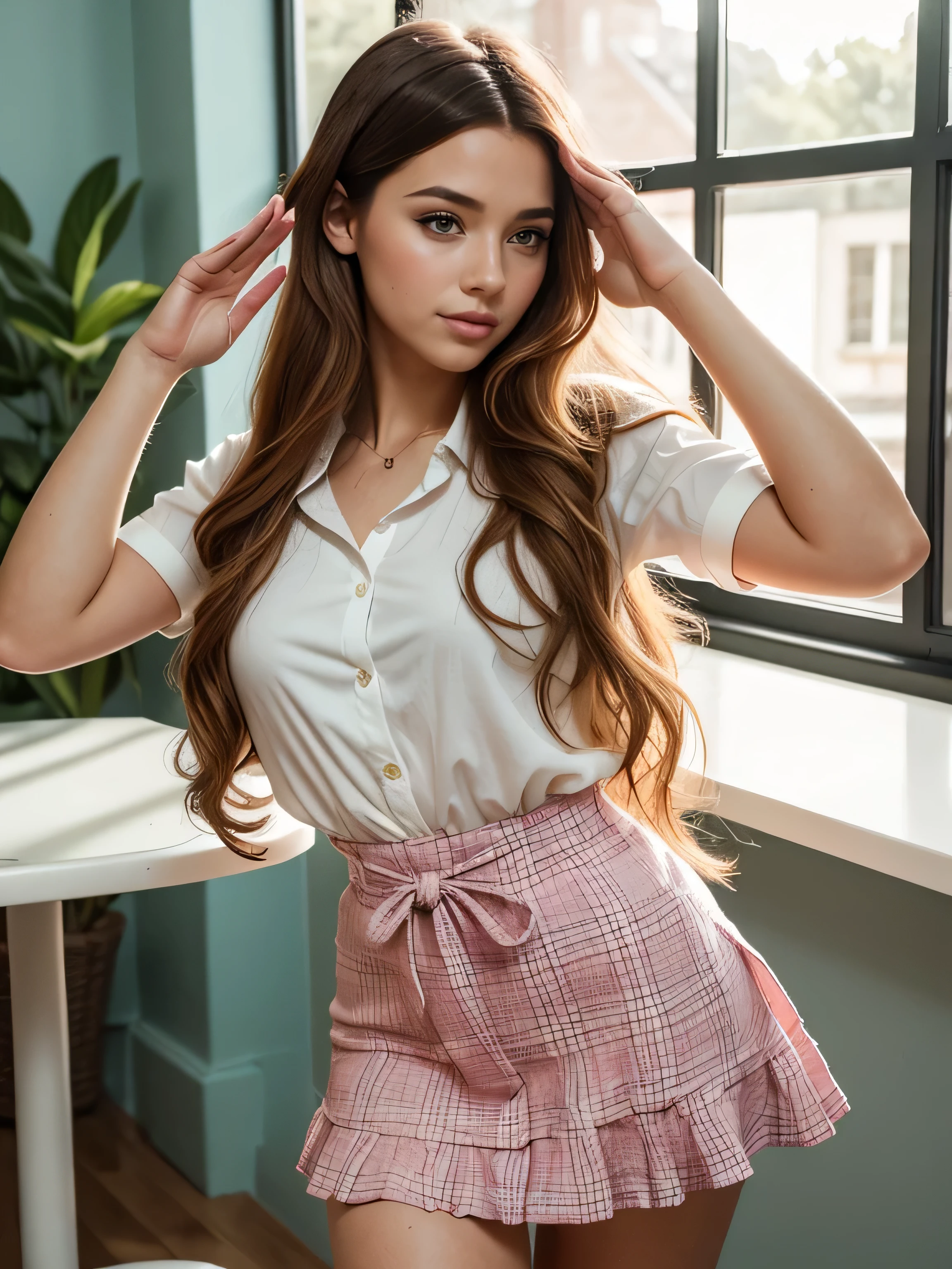 (highest quality,4K,8k,High resolution,masterpiece:1.2),Super detailed,(Realistic,photoRealistic,photo-Realistic:1.37),Beautiful and cute 18-year-old female student wearing a sexy high ,girl,garden,Beautiful views,Soft sunlight,A book in her hand,Laugh brightly,Bright expression,Blonde Hair,blue eyes,Long Curly Hair,She has a pink ribbon in her hair,White blouse,Checkered short skirt,tall white socks,Black Loafers,Stylish backpack,Cafeteria Background,Students eating lunch,A table with colorful food trays,Juicy burgers,Fresh sandwiches,Crispy French Fries,salad,Fruit bowl,A variety of refreshing drinks,glass windows overlooking green gardens and blooming flowers,Vibrant colors,Pastel Tones,Picturesque style,Soft brushwork,Dreamy atmosphere,Playful lighting,Sunlight streaming through the window,Create beautiful patterns on walls and floors,Long straight hair_Hair reaching down to the waist、((Place your left hand gently on your chin，right hand holding chest:1.3)),((salute:1.3)),