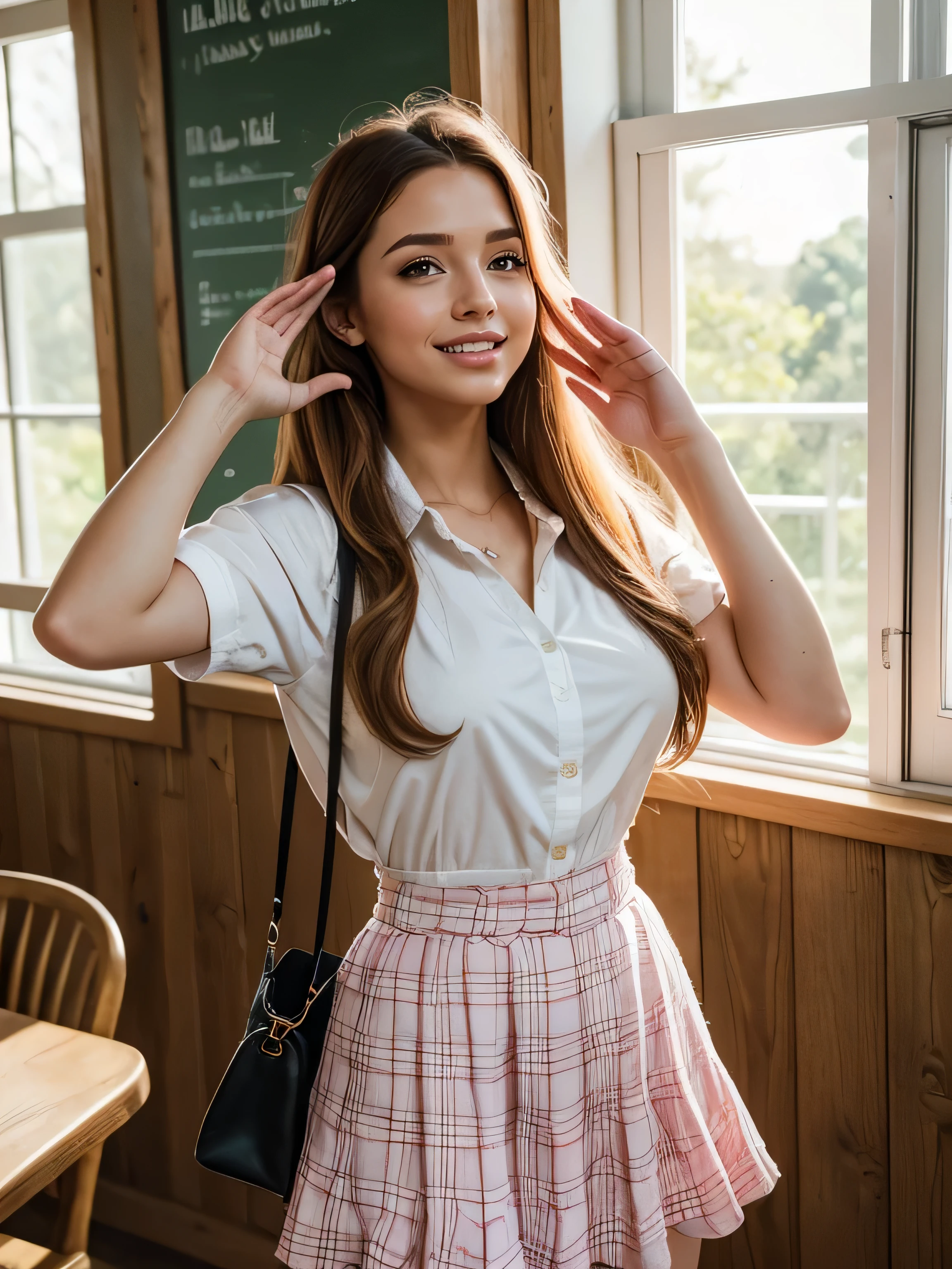 (highest quality,4K,8k,High resolution,masterpiece:1.2),Super detailed,(Realistic,photoRealistic,photo-Realistic:1.37),Beautiful and cute 18-year-old female student wearing a sexy high ,girl,garden,Beautiful views,Soft sunlight,A book in her hand,Laugh brightly,Bright expression,Blonde Hair,blue eyes,Long Curly Hair,She has a pink ribbon in her hair,White blouse,Checkered short skirt,tall white socks,Black Loafers,Stylish backpack,Cafeteria Background,Students eating lunch,A table with colorful food trays,Juicy burgers,Fresh sandwiches,Crispy French Fries,salad,Fruit bowl,A variety of refreshing drinks,glass windows overlooking green gardens and blooming flowers,Vibrant colors,Pastel Tones,Picturesque style,Soft brushwork,Dreamy atmosphere,Playful lighting,Sunlight streaming through the window,Create beautiful patterns on walls and floors,Long straight hair_Hair reaching down to the waist、((Place your left hand gently on your chin，right hand holding chest:1.3)),((salute:1.3)),