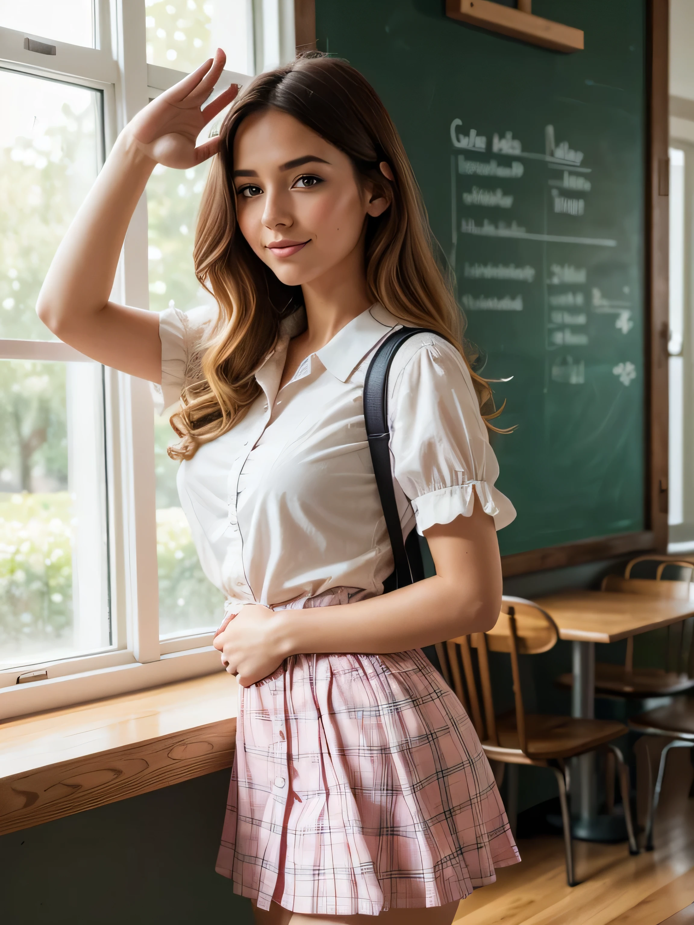(highest quality,4K,8k,High resolution,masterpiece:1.2),Super detailed,(Realistic,photoRealistic,photo-Realistic:1.37),Beautiful and cute 18-year-old female student wearing a sexy high ,girl,garden,Beautiful views,Soft sunlight,A book in her hand,Laugh brightly,Bright expression,Blonde Hair,blue eyes,Long Curly Hair,She has a pink ribbon in her hair,White blouse,Checkered short skirt,tall white socks,Black Loafers,Stylish backpack,Cafeteria Background,Students eating lunch,A table with colorful food trays,Juicy burgers,Fresh sandwiches,Crispy French Fries,salad,Fruit bowl,A variety of refreshing drinks,glass windows overlooking green gardens and blooming flowers,Vibrant colors,Pastel Tones,Picturesque style,Soft brushwork,Dreamy atmosphere,Playful lighting,Sunlight streaming through the window,Create beautiful patterns on walls and floors,Long straight hair_Hair reaching down to the waist、((Place your left hand gently on your chin,right hand holding chest:1.3)),((salute:1.3)),