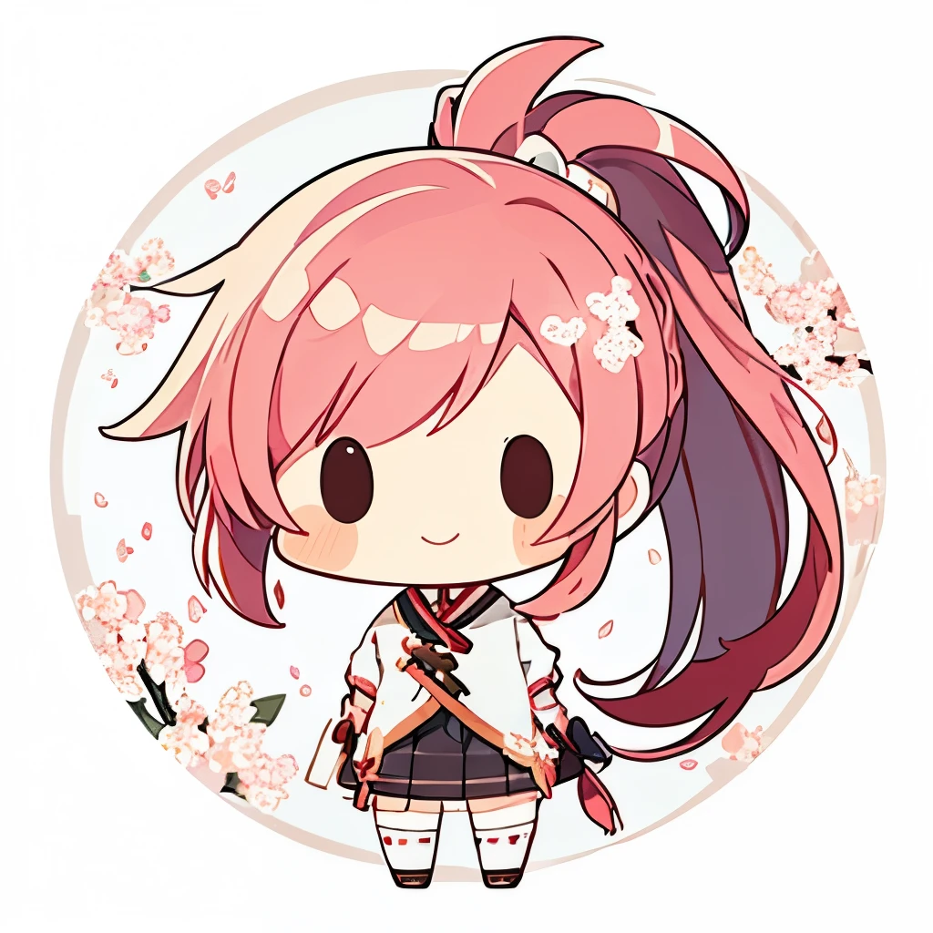 Transparent watercolor、girl、Gemstone Eyes、Beautiful arrangements and motifs、Depth of written border、Flat avatar, 1girl, smile, Red Hair((Medium Hair、ponytail)), White tips, White mesh hair、Fashionable design clothes((Pink and white)),Background white、Cherry blossom petals, e girl, Modest clothing, Black knee socks