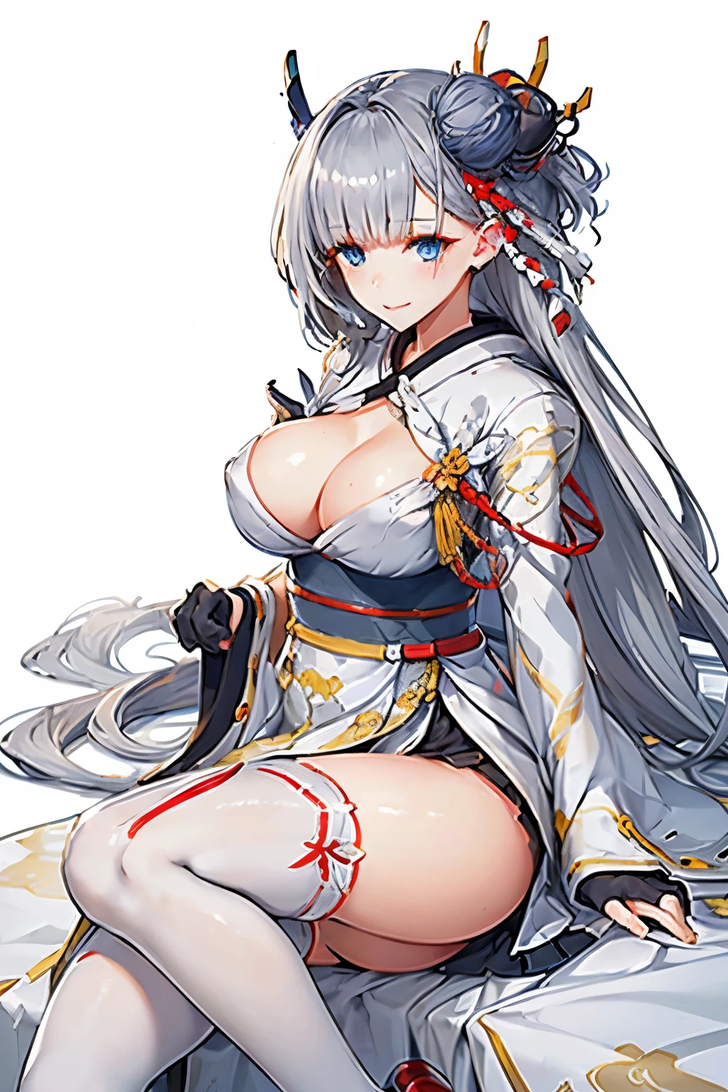 (paysage Azur Lane), (Detailed eyes and face:1.3), (Very elegant and beautiful:1.1), (Perfect detail:1.1), (Sexy pose、From the knee up、Large Breasts), ((Top of the character)), Shoukaku, Azur Lane, Gray Hair, Long Hair, Ons Side Hair Ornament, blue eyes, kimono, heart, ability,Fingerless gloves