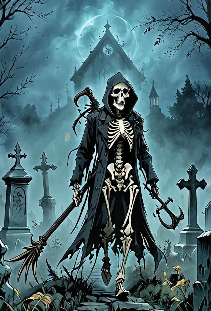 horror anime, comedy, cinematic, dramatic, full body, dynamic view, medium angle, low fog effect, HD8K quality, a skeletal reaper, very excited, floating in the middle of the cemetery carrying his scythe on his shoulder while looking at his pocket watch,