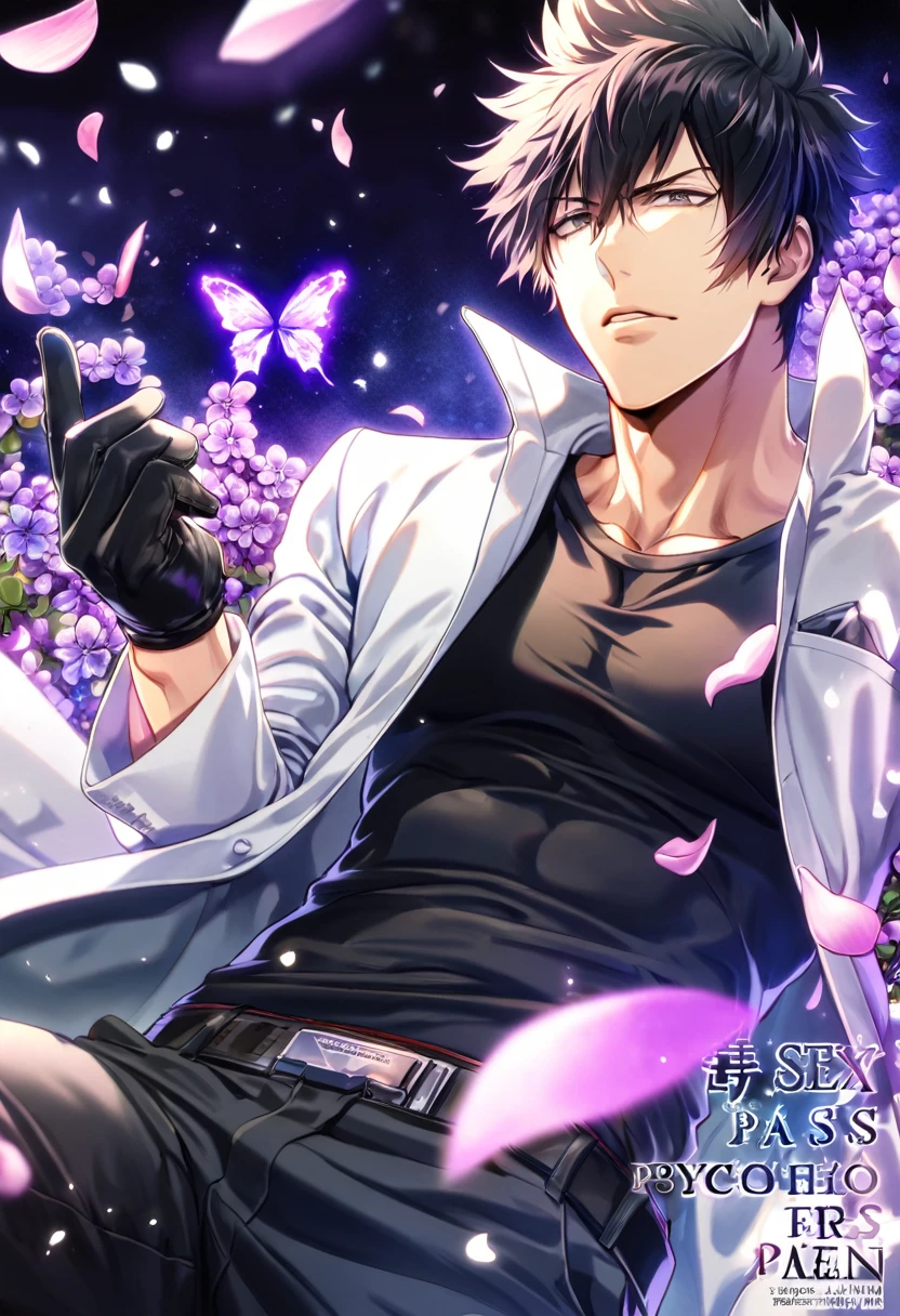 absurdres, highres, ultra detailed, HDR, master piece, best quality, Kougami Shinya, black hair, expressive gray eyes, psycho pass, solo, sexy man, handsome, toned chest, white coat, black tight shirt, black pants, black gloves, purple butterflies, petals, purple flowers, magical, fantasy, glittering