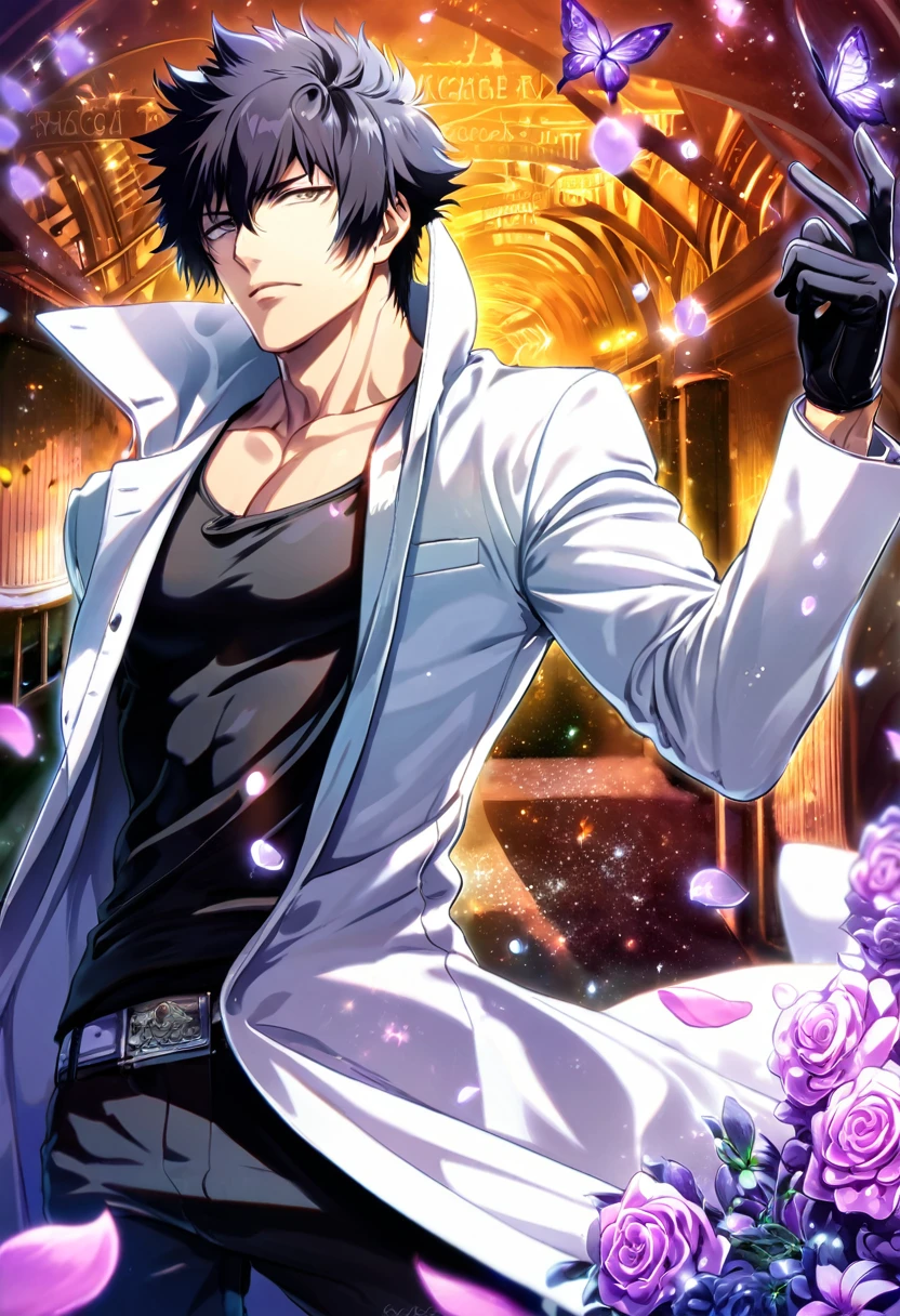 absurdres, highres, ultra detailed, HDR, master piece, best quality, Kougami Shinya, black hair, expressive gray eyes, psycho pass, solo, sexy man, handsome, toned chest, white coat, black tight shirt, black pants, black gloves, purple butterflies, petals, purple flowers, magical, fantasy, glittering 