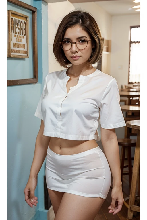 33-year-old Mexican woman with white skin, short brown hair, ojos cafe claro con lentes para la vista, piel blanca de cuerpo delgado y pecho mediano, vestida con blusa de manga corta  y falda mediana