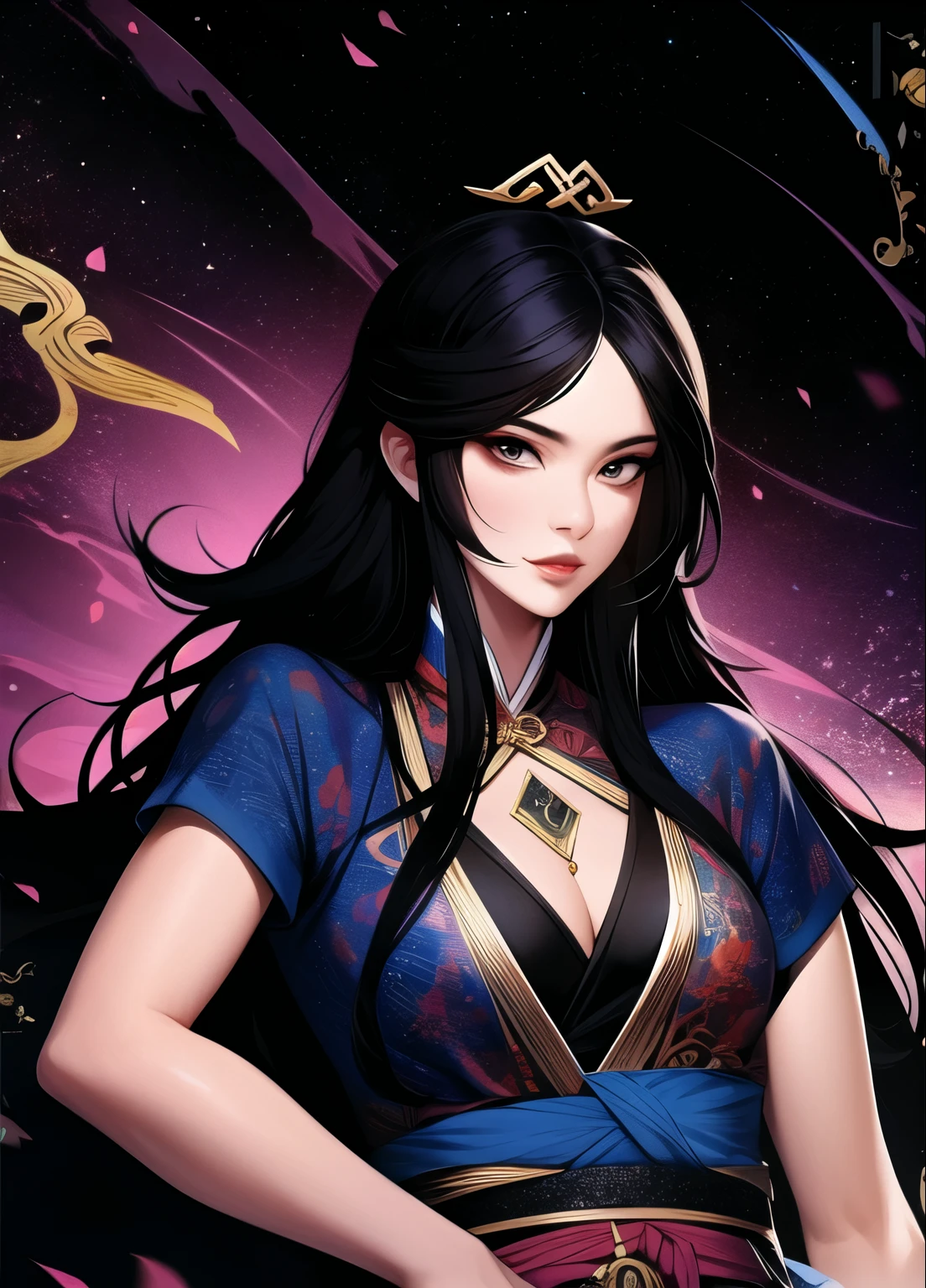 (masterpiece, best quality:1.2), ink Wuxia,Black Light, Solitary,Upper Body,long hair,Lips