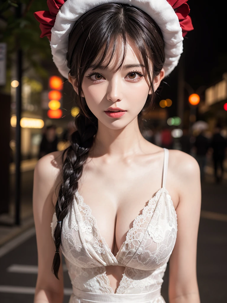 1 Girl, Tokyo Street,night, city View,City Lights, Upper Body,form fitting dress,close up, 8K, original photo, best quality, masterpiece,Practical, photo-Practical,Red rose headdress, Parted bangs, long hair,蓬勃後long hair,(braid,細braid,braid在臉二側),Headbands, Large Breasts,Show your shoulders