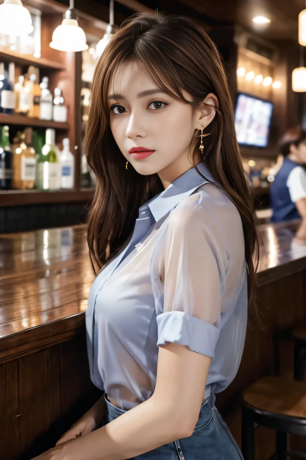 masterpiece, highest quality, Realistic, Very detailed, Finer details, High resolution, 8k wallpaper, One beautiful woman, Wear a navy blue see-through shirt, Great bar restaurant, At night, Light brown messy hair, Perfect dynamic composition, Beautiful and beautiful eyes、Big earrings