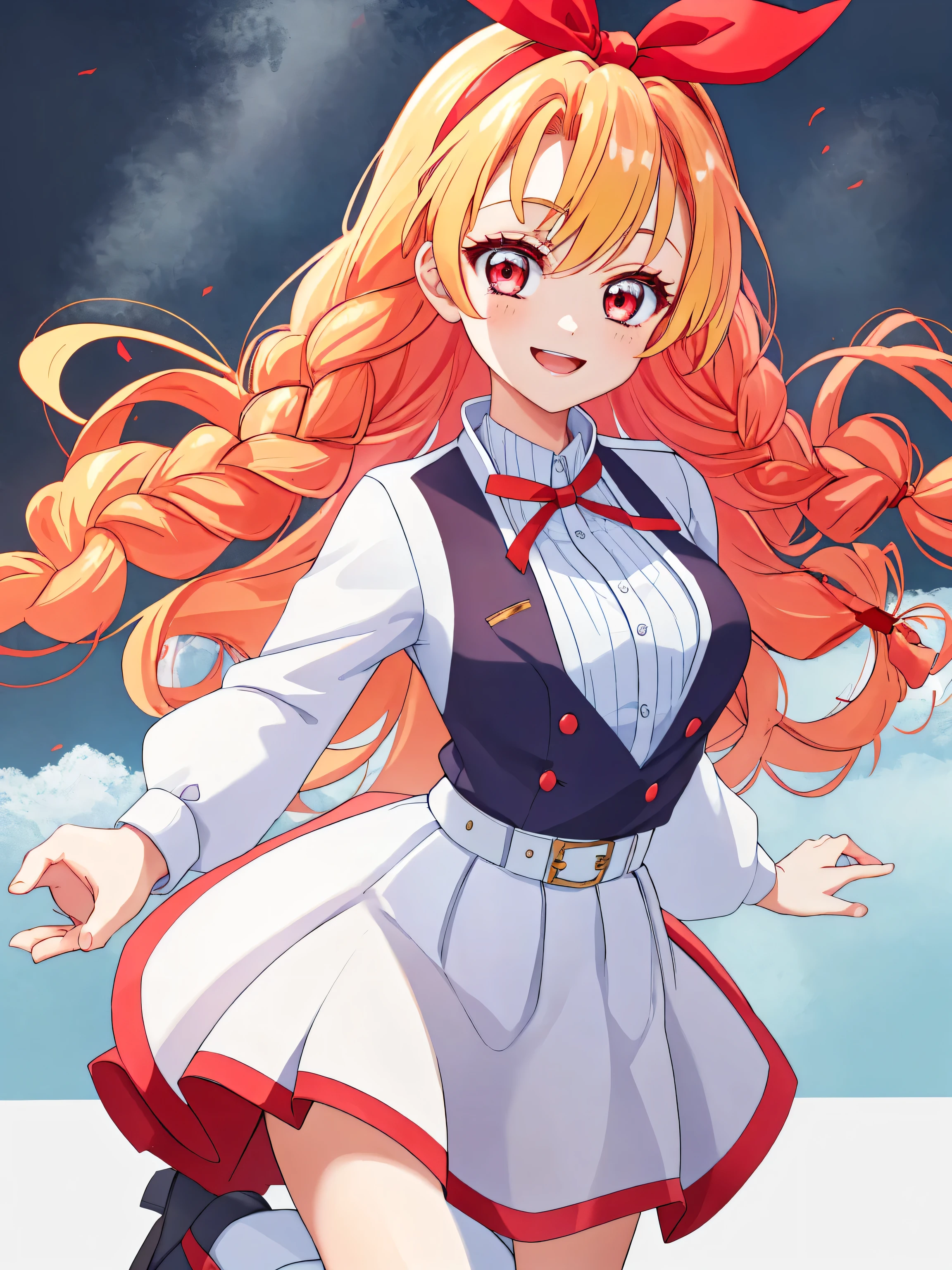 RED_Ribbon_on_HAIR_band,(nsfw:0.7),Masseter muscle part, highest quality, Super high resolution, highest quality, anime style, best lighting, beautiful face, masterpiece, 8K, High level image quality, High pixel count, 1 woman, 1 girl,solo, Blonde and red gradient hair, red eyes, A big smile, Full body Esbian, (Face-centric:1.1), facing the front, wearing a uniform, village background, countryside village, upper body, (White haori:1.2), (Medium breasts:1.1), WHITE tights, Chest opens:1.4,hosimiya ichigo