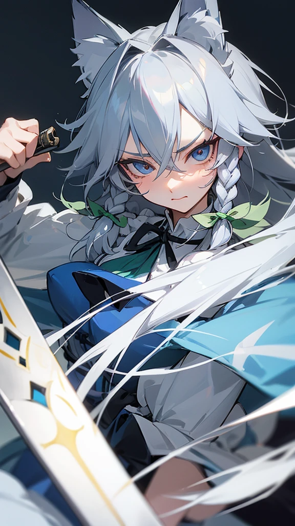 highest quality Neutral face woman I have long hair Odd Eye one person Gray Hair Sakuya Izayoi beautiful girl Cat ear kind Embarrassed Silver knife Sisters