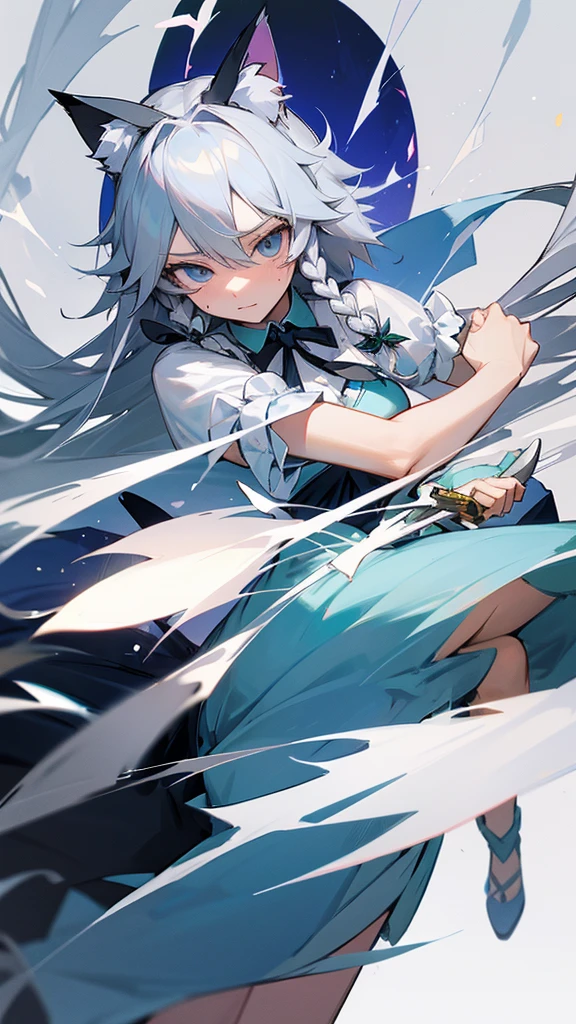 highest quality　Neutral face　woman　I have long hair　Odd Eye　one person　Gray Hair　Sakuya Izayoi　beautiful girl　Cat ear　kind　Embarrassed　Silver knife　Sisters