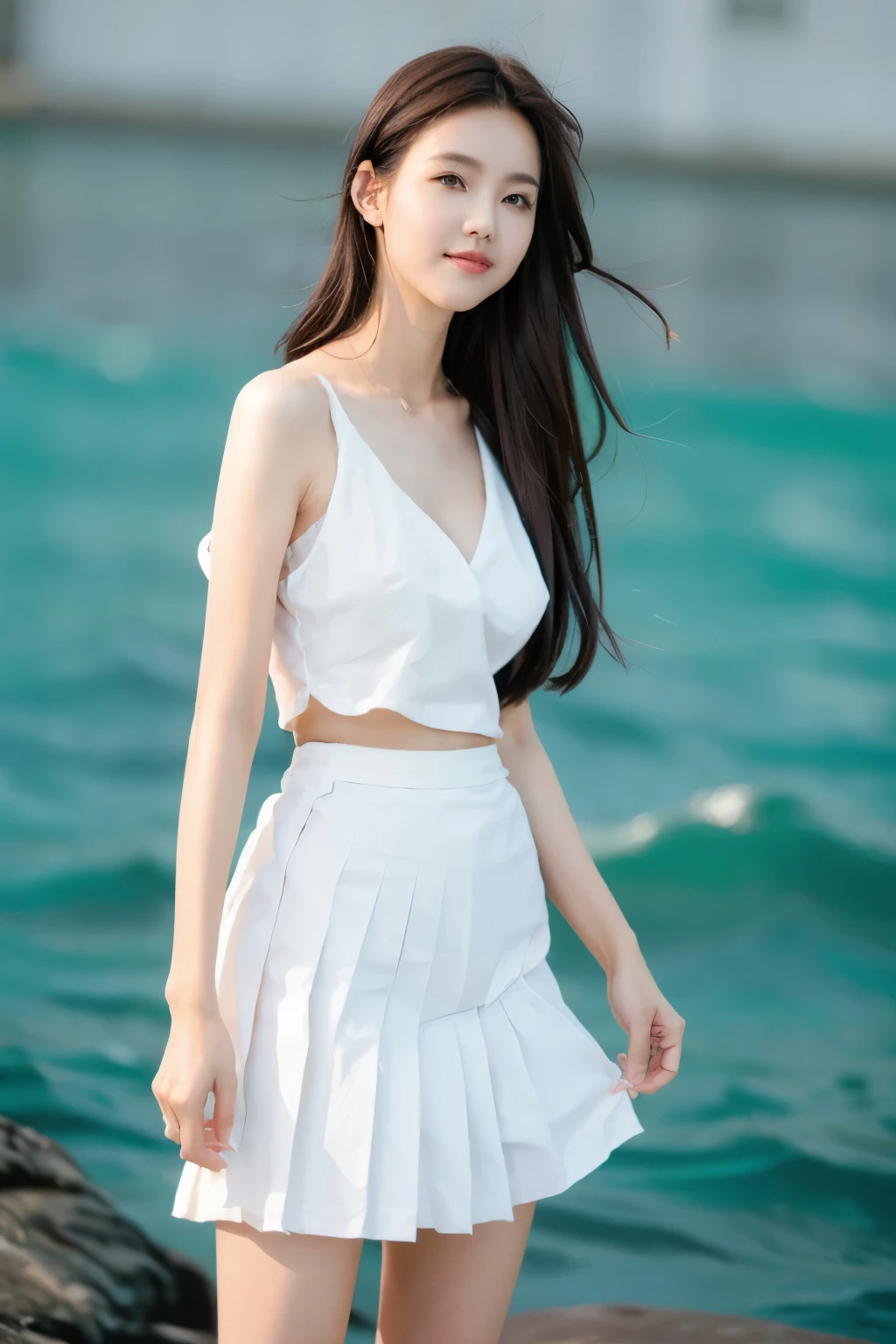 Beautiful woman with perfect body：1.4，Layered Hairstyle，Prominent cleavage，Highly detailed face and skin textures，Double eyelids，Skin Whitening，Long hair，Whitened long legs，（White shirt，Pleated Skirt）Standing by the sea