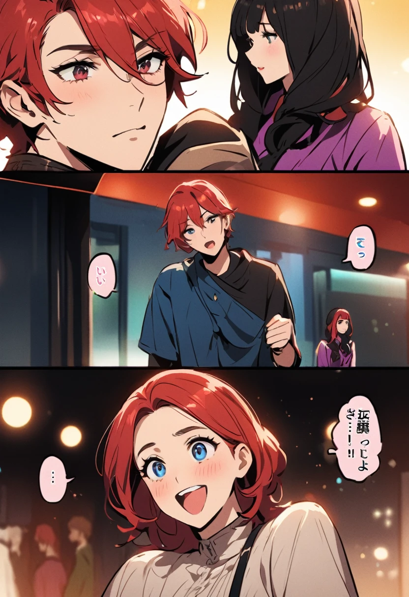 dark - comic style: Scene: They meet for the first time. She now has medium red hair. They are holding hands in front of the cinema.* **Dialogue Bubbles:** - Him: *"You look beautiful with that new look."* - Her: *"Thank you! You look great too."*
