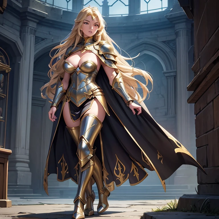 detailed illustration of lindsey Strutt dressed as fantasy knight, dungeons and dragons, human female, paladin, perfect face, young face, beautiful face, flowing golden hair, perfect body shape, full body view, high heel boots, elegant flowing cape, ultra detailed, detailed armor, elegant design, plate armor, steel armor, full body armor, black undersuit, professional design, sleek design, fantasy setting, professional lighting, shoulder length hair, big breasts, fair skin, angelic face, ultra-detailed, masterpiece, best quality,