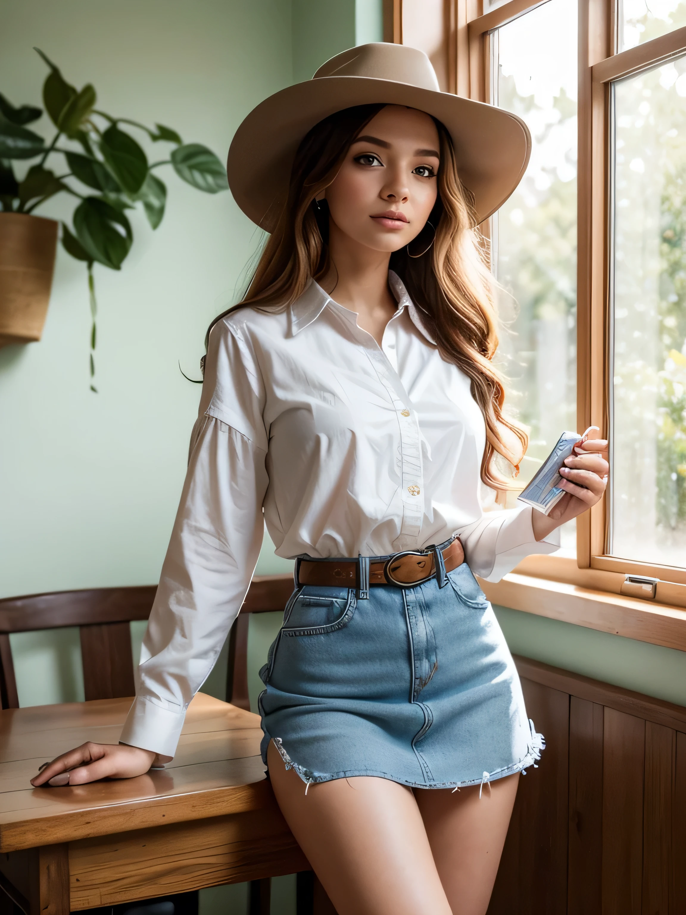 (highest quality,4K,8k,High resolution,masterpiece:1.2),Super detailed,(Realistic,photoRealistic,photo-Realistic:1.37),Beautiful and cute 18-year-old female student wearing a sexy high ,girl,garden,Beautiful views,Soft sunlight,A book in her hand,Laugh brightly,Bright expression,Blonde Hair,blue eyes,Long Curly Hair,She has a pink ribbon in her hair,White blouse,Checkered short skirt,tall white socks,Black Loafers,Stylish backpack,Cafeteria Background,Students eating lunch,A table with colorful food trays,Juicy burgers,Fresh sandwiches,Crispy French Fries,salad,Fruit bowl,A variety of refreshing drinks,glass windows overlooking green gardens and blooming flowers,Vibrant colors,Pastel Tones,Picturesque style,Soft brushwork,Dreamy atmosphere,Playful lighting,Sunlight streaming through the window,Create beautiful patterns on walls and floors,Long straight hair_Hair reaching down to the waist、Western Shirt、Leather western mini skirt、Western Boots、Western Hat