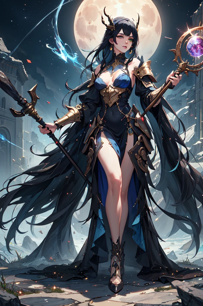 (masterpiece, best quality, 8k), a beautiful girl in a garden,(full body) 1 girl, detailed realistic face, (detailed green eyes, detailed lips, long eyelashes), (perfect long golden hair), elegant sci-fi dress, sci-fi mage robe, shoulder armor pad, casting spell with her staff, intricate staff, ornated staff, (blue energy, blue spells, blue aura), perfect hands, perfect body, perfect face, moonlight, natural environment, realistic lighting, cinematic, intricate details, highly detailed, hyper realistic, vibrant colors
