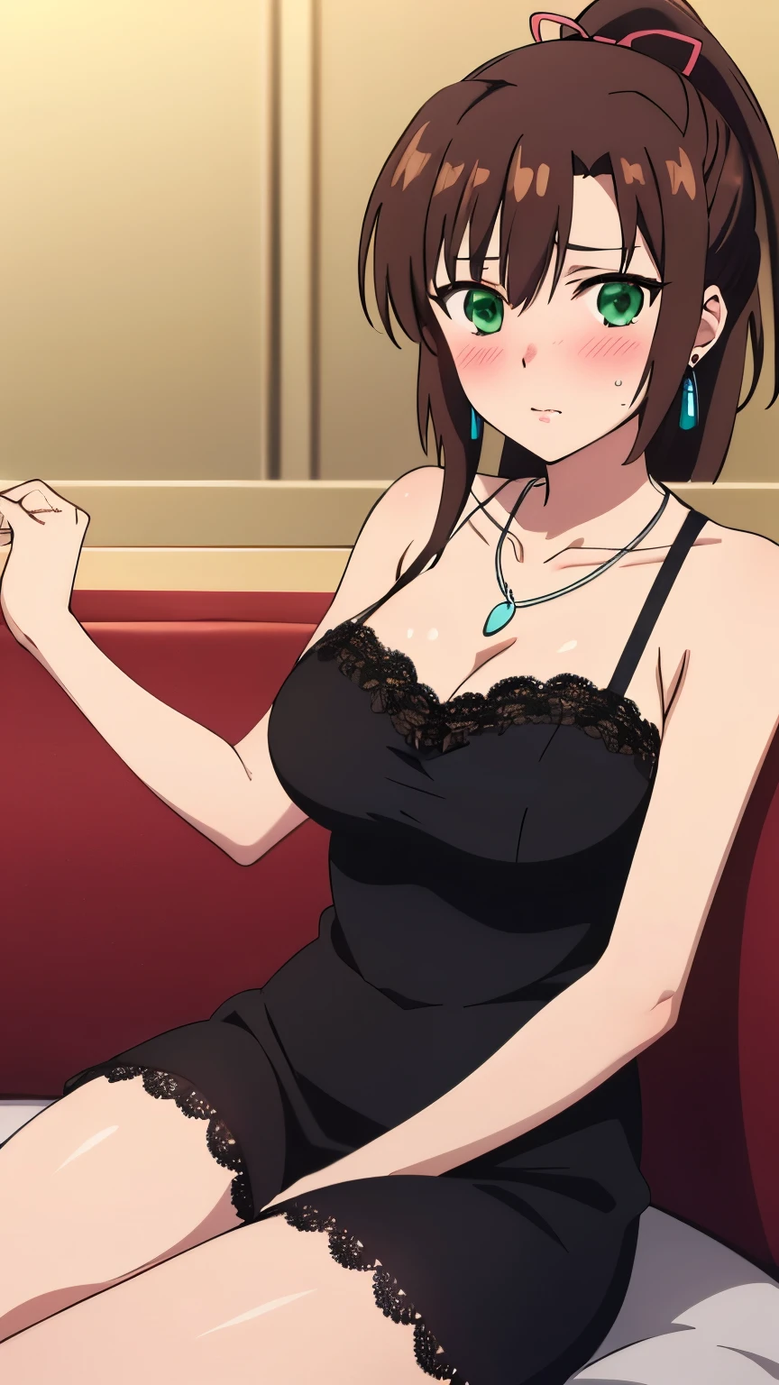 masterpiece, best quality, 8k, anime art style, Kirasaka Sayaka, Dark brown hair, ponytail, hair ribbon, (black dress, cabaret dress, lace, earrings, necklace, blush, sofa, sitting, cabaret hall), looking at the viewer, green eyes, light in the eyes, (big breasts: 0.7), cowboy shot