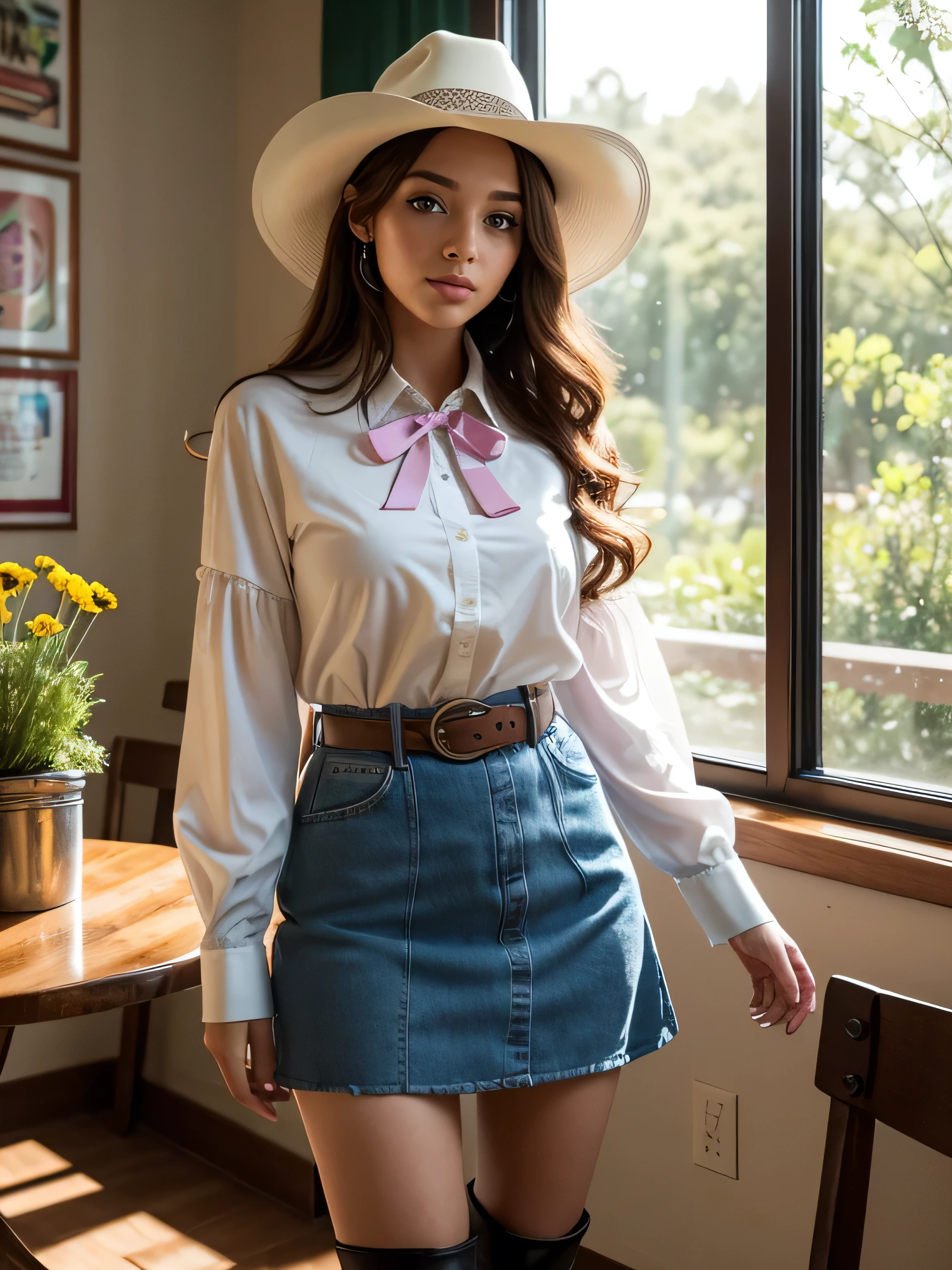 (highest quality,4K,8k,High resolution,masterpiece:1.2),Super detailed,(Realistic,photoRealistic,photo-Realistic:1.37),Beautiful and cute 18-year-old female student wearing a sexy Western Shirt、Leather western mini skirt、Western Boots、Western Hat ,girl,garden,Beautiful views,Soft sunlight,A book in her hand,Laugh brightly,Bright expression,Blonde Hair,blue eyes,Long Curly Hair,She has a pink ribbon in her hair,White blouse,Checkered short skirt,tall white socks,Black Loafers,Stylish backpack,Cafeteria Background,Students eating lunch,A table with colorful food trays,Juicy burgers,Fresh sandwiches,Crispy French Fries,salad,Fruit bowl,A variety of refreshing drinks,glass windows overlooking green gardens and blooming flowers,Vibrant colors,Pastel Tones,Picturesque style,Soft brushwork,Dreamy atmosphere,Playful lighting,Sunlight streaming through the window,Create beautiful patterns on walls and floors,Long straight hair_Hair reaching down to the waist、Western Shirt、Leather western mini skirt、Western Boots、Western Hat