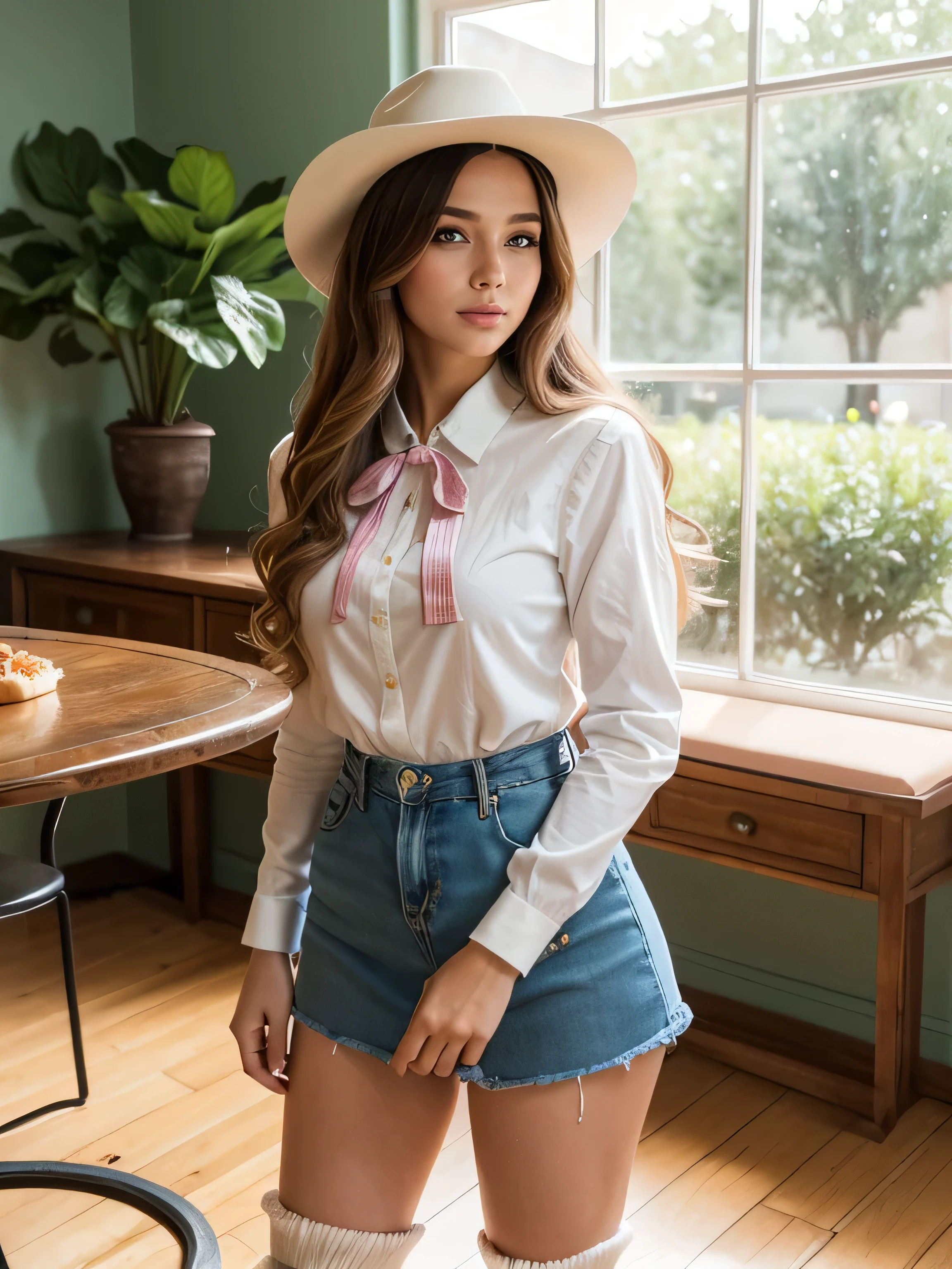 (highest quality,4K,8k,High resolution,masterpiece:1.2),Super detailed,(Realistic,photoRealistic,photo-Realistic:1.37),Beautiful and cute 18-year-old female student wearing a sexy Western Shirt、Leather western mini skirt、Western Boots、Western Hat ,girl,garden,Beautiful views,Soft sunlight,A book in her hand,Laugh brightly,Bright expression,Blonde Hair,blue eyes,Long Curly Hair,She has a pink ribbon in her hair,White blouse,Checkered short skirt,tall white socks,Black Loafers,Stylish backpack,Cafeteria Background,Students eating lunch,A table with colorful food trays,Juicy burgers,Fresh sandwiches,Crispy French Fries,salad,Fruit bowl,A variety of refreshing drinks,glass windows overlooking green gardens and blooming flowers,Vibrant colors,Pastel Tones,Picturesque style,Soft brushwork,Dreamy atmosphere,Playful lighting,Sunlight streaming through the window,Create beautiful patterns on walls and floors,Long straight hair_Hair reaching down to the waist、Western Shirt、Leather western mini skirt、Western Boots、Western Hat