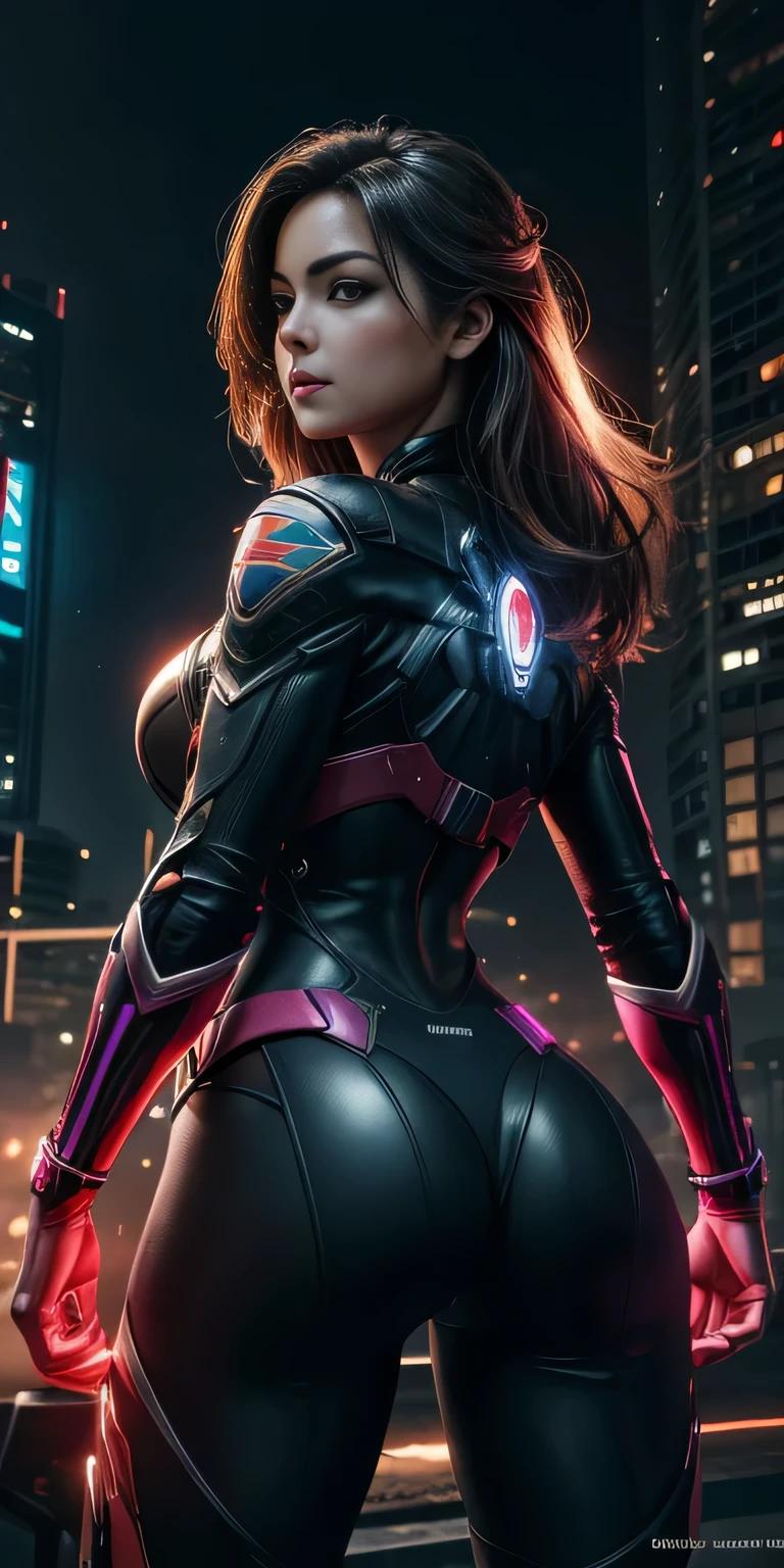 midshot, cel-shading style, centered image, ultra detailed illustration of Erica Durance, (tetradic colors), full body, inkpunk, ink lines, light particles, strong outlines, art by MSchiffer, bold traces, parted lips,Supergirl suit , Cyberpunk, g、pele brilhante, ((Detalhes super realistas))、portlate、global ilumination、sombra、Octane Representation、8k、ultrasharp、Luz de borda de caractere, Seios grandes, big booty、Raw skin is exposed on the neckline、Apocalyptic City of Fire, Detalhes de ornamentos complexos、Transparent acrylic parts cover、Sumer Detailed Hydraulic Cylinders、small LED lamp、Detalhes muito intrincados、Luz realista、um olho purpura、olhos radiantes、in front of camera、Neon details, Cyberpunk ,mais alta qualidade、obra prima、超A high resolution、(fotorrealista:1.4)、Foto RAW