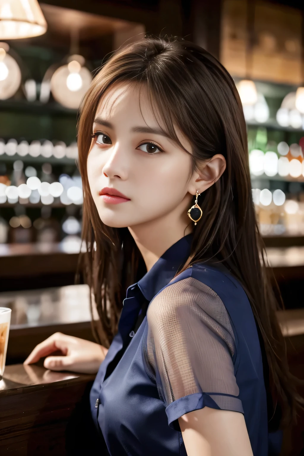 masterpiece, highest quality, Realistic, Very detailed, Finer details, High resolution, 8k wallpaper, One beautiful woman, Wear a navy blue see-through shirt, Great bar restaurant, At night, Light brown messy hair, Perfect dynamic composition, Beautiful and beautiful eyes、Big earrings