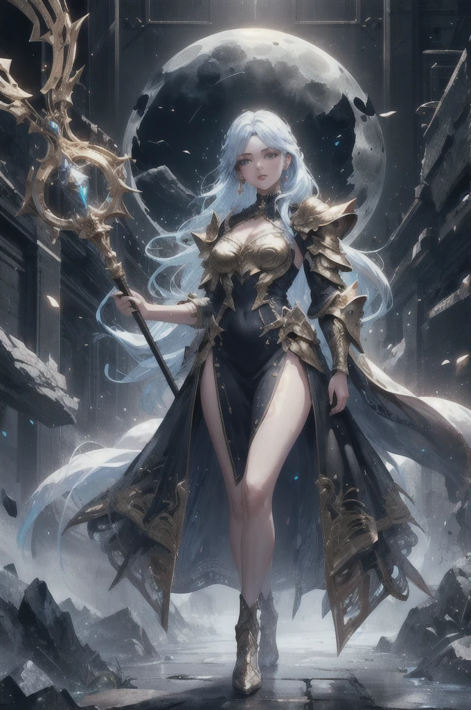 (masterpiece, best quality, 8k), a beautiful girl in a garden,(full body) 1 girl, detailed realistic face, (detailed green eyes, detailed lips, long eyelashes), (perfect long golden hair), elegant sci-fi dress, sci-fi mage robe, shoulder armor pad, casting spell with her staff, intricate staff, ornated staff, (blue energy, blue spells, blue aura), perfect hands, perfect body, perfect face, moonlight, natural environment, realistic lighting, cinematic, intricate details, highly detailed, hyper realistic, vibrant colors
