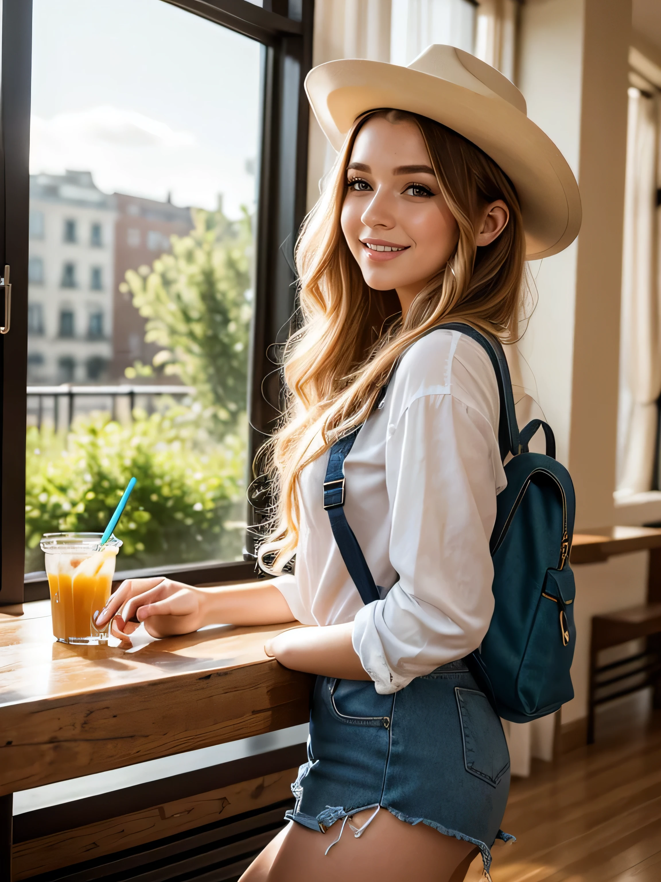 (highest quality,4K,8k,High resolution,masterpiece:1.2),Super detailed,(Realistic,photoRealistic,photo-Realistic:1.37),Beautiful and cute 18-year-old female student wearing a sexy Western Shirt、Leather western mini skirt、Western Boots、Western Hat ,girl,garden,Beautiful views,Soft sunlight,A book in her hand,Laugh brightly,Bright expression,Blonde Hair,blue eyes,Long Curly Hair,Stylish backpack,Cafeteria Background,Students eating lunch,A table with colorful food trays,Juicy burgers,Fresh sandwiches,Crispy French Fries,salad,Fruit bowl,A variety of refreshing drinks,glass windows overlooking green gardens and blooming flowers,Vibrant colors,Pastel Tones,Picturesque style,Soft brushwork,Dreamy atmosphere,Playful lighting,Sunlight streaming through the window,Create beautiful patterns on walls and floors,Long straight hair_Hair reaching down to the waist、
