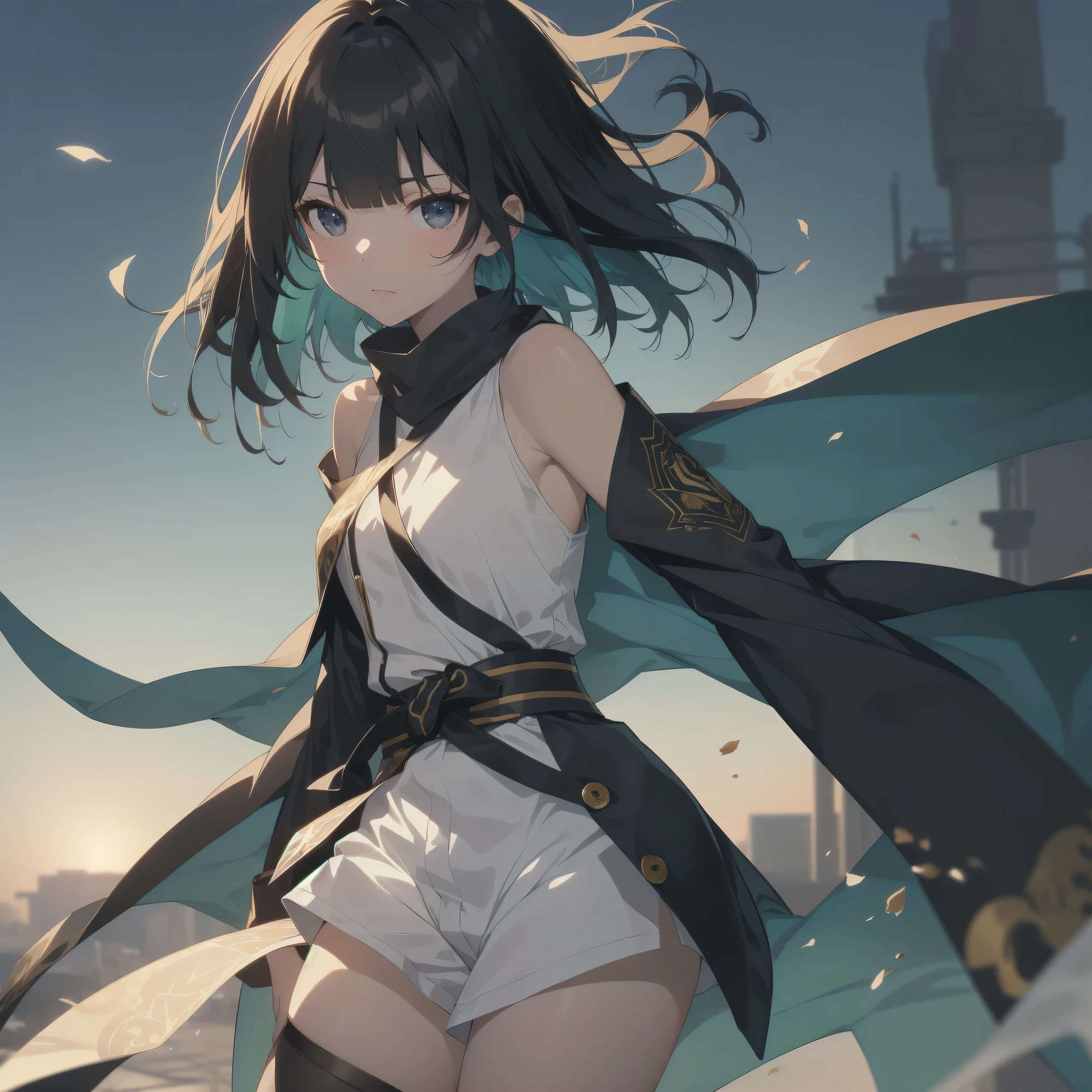 ultra-absurdres-Top quality by artist God, ultra-detailed, high resolution, anime moe artstyle, best anime 8k konachan wallpaper, pixiv contest winner, pool:2810, perfect anatomy,break, 1girl,(Solo,little tomboy, ninja girl, 10-year-old:1.3),Full limbs, complete fingers,((Very Short hair, blunt bangs), flat chest, , small butt, small black eyes, beautiful detailed eyes, well-proportioned iris and pupils, expressive eyes, highres detailed hair, soft expression,ninja clothes, (sleeveless hanjuban),obi, black short shorts,kanzashi,ninja scarf waving in the wind,(Detailed Lighting), (Detailed background), look down on the town, on the rooftop ,the high roof. from above, break,super detailed skin, Best cinematic lighting powered by famous artist, 8k,beauty illustration,photoshop_(medium),very aesthetic,break,((artist:ishiyumi )), artist:clamp ,artist:carnelian ,artist:kantoku ,
