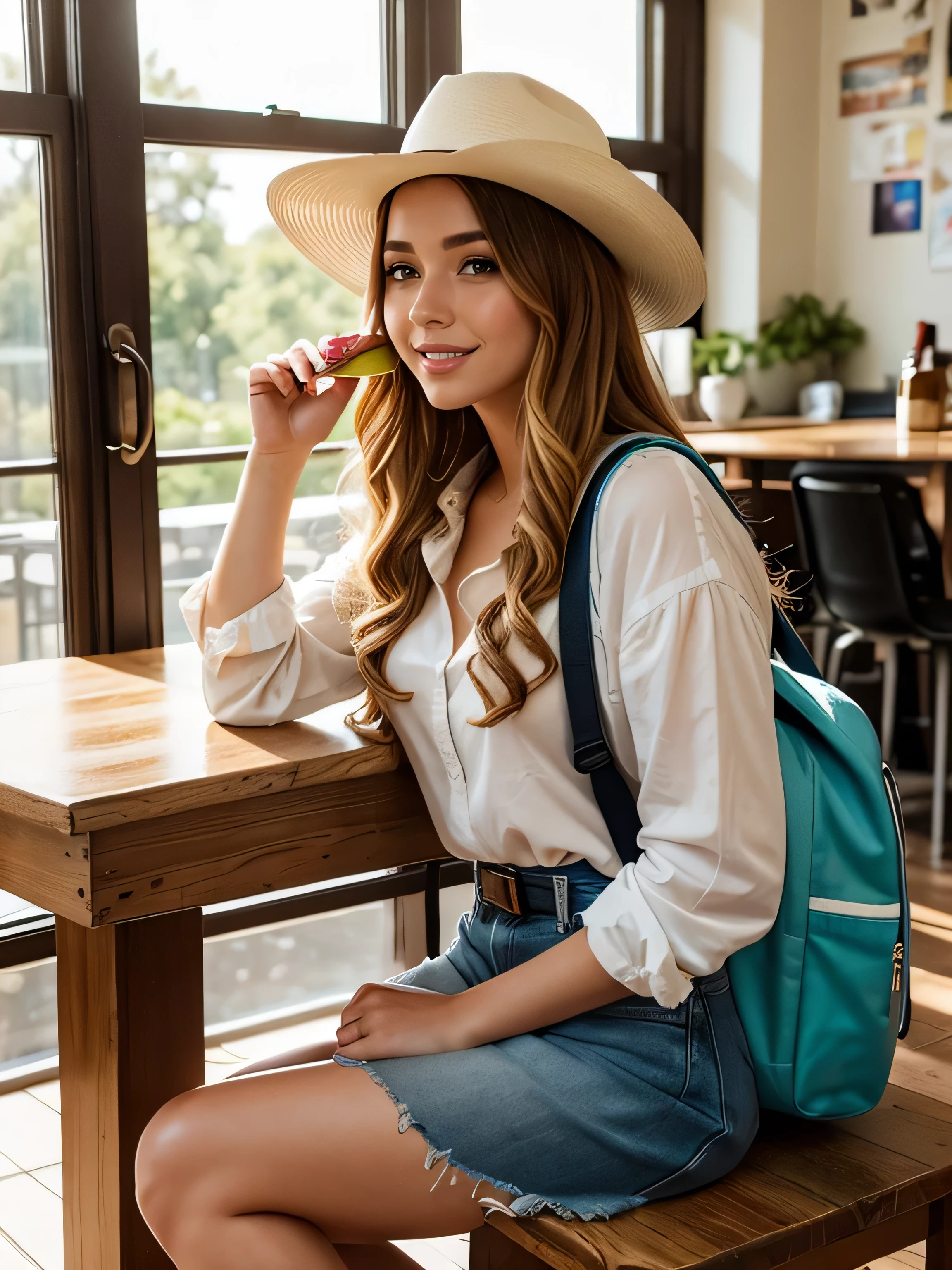 (highest quality,4K,8k,High resolution,masterpiece:1.2),Super detailed,(Realistic,photoRealistic,photo-Realistic:1.37),Beautiful and cute 18-year-old female student wearing a sexy Western Shirt、Leather western mini skirt、Western Boots、Western Hat ,girl,garden,Beautiful views,Soft sunlight,A book in her hand,Laugh brightly,Bright expression,Blonde Hair,blue eyes,Long Curly Hair,Stylish backpack,Cafeteria Background,Students eating lunch,A table with colorful food trays,Juicy burgers,Fresh sandwiches,Crispy French Fries,salad,Fruit bowl,A variety of refreshing drinks,glass windows overlooking green gardens and blooming flowers,Vibrant colors,Pastel Tones,Picturesque style,Soft brushwork,Dreamy atmosphere,Playful lighting,Sunlight streaming through the window,Create beautiful patterns on walls and floors,Long straight hair_Hair reaching down to the waist、