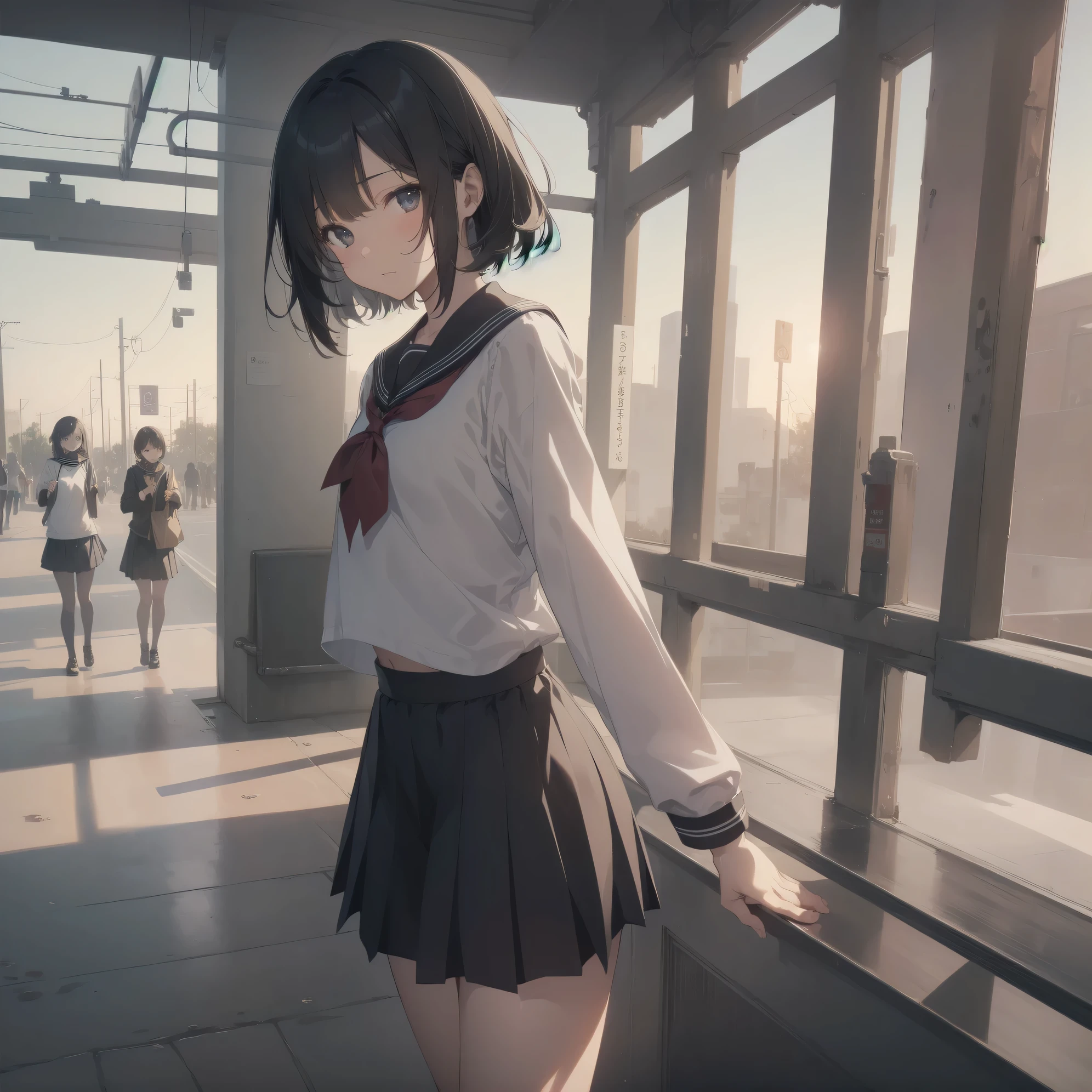 ultra-absurdres-Top quality by artist God, ultra-detailed, high resolution, anime moe artstyle, best anime 8k konachan wallpaper, pixiv contest winner, pool:2810, perfect anatomy,break, 1girl, (Please draw a girl walking sleepily to school alone. )break,(Solo,little female, 13-year-old:1.3),Full limbs, complete fingers,a junior high school student, (very short hair), short cut, flat chest, , small butt, small black eyes, beautiful detailed eyes, well-proportioned iris and pupils, expressive eyes, highres detailed hair, soft expression, salor school_uniform, sailor collar, serahuku, bow, pleated skirt,(Detailed Lighting), (Detailed background), in the School commute route. break,super detailed skin, Best cinematic lighting powered by famous artist, 8k,beauty illustration,photoshop_(medium),very aesthetic,break,((artist:ishiyumi )), artist:clamp ,artist:carnelian ,artist:kantoku ,