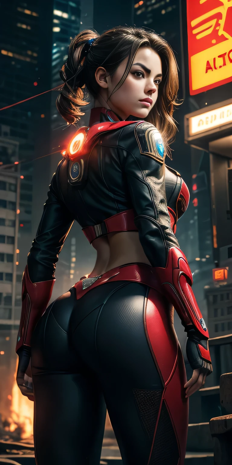 midshot, cel-shading style, centered image, ultra detailed illustration of Erica Durance, (tetradic colors), full body, inkpunk, ink lines, light particles, strong outlines, art by MSchiffer, bold traces, parted lips,Supergirl suit , Cyberpunk, g、pele brilhante, ((Detalhes super realistas))、portlate、global ilumination、sombra、Octane Representation、8k、ultrasharp、Luz de borda de caractere, Seios grandes, big booty、Raw skin is exposed on the neckline、Apocalyptic City of Fire, Detalhes de ornamentos complexos、Transparent acrylic parts cover、Sumer Detailed Hydraulic Cylinders、small LED lamp、Detalhes muito intrincados、Luz realista、um olho purpura、olhos radiantes、in front of camera、Neon details, Cyberpunk ,mais alta qualidade、obra prima、超A high resolution、(fotorrealista:1.4)、Foto RAW