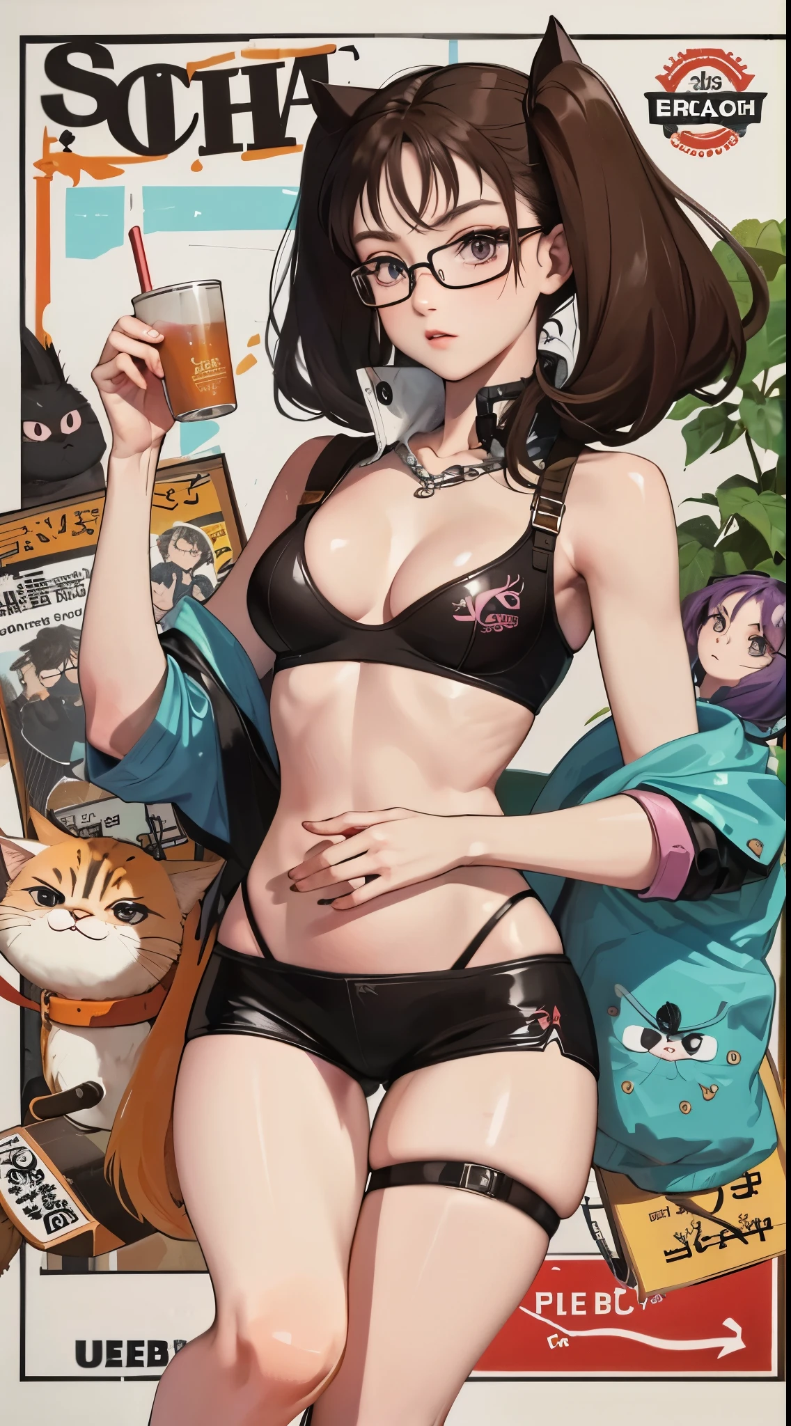 Jinx,Fleshy thighs，Poster publicity style，poster background，C cup，wears glasses，Ultra shortilk tea，baby cats