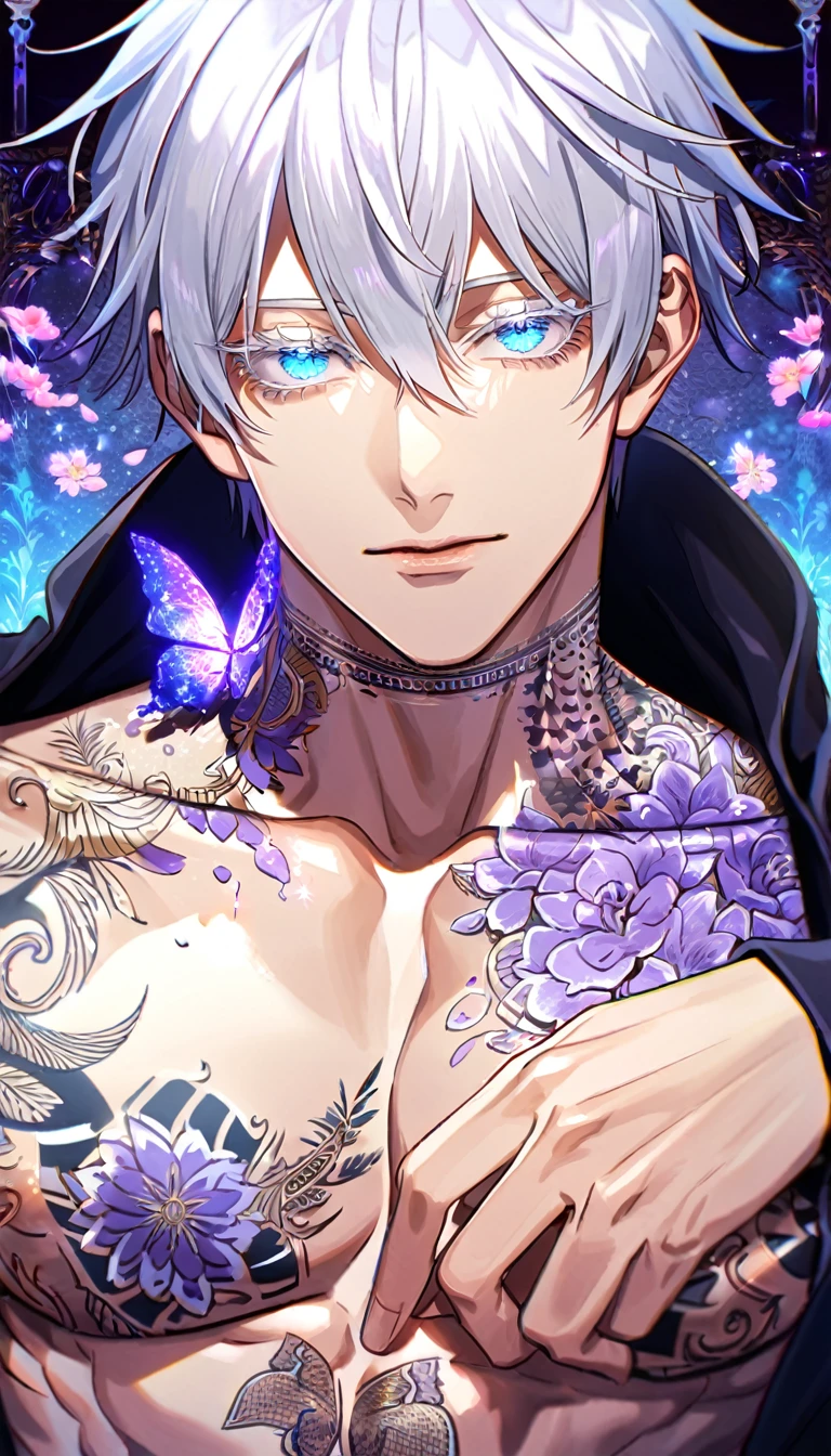 Ultra detailed, Highres, absurdres, HDR, Gojo Satoru, white hair with bangs, expressive blue eyes, hair between the eyes, white eyelashes, black coat with patterns, Jujutsu Kaisen, white shirt, fantasy, glittering purple butterflies, petals, handsome, sexy man, solo, very detailed eyes and face, master piece, toned chest, glittering, purple flowers, sitting, tattoo on his neck