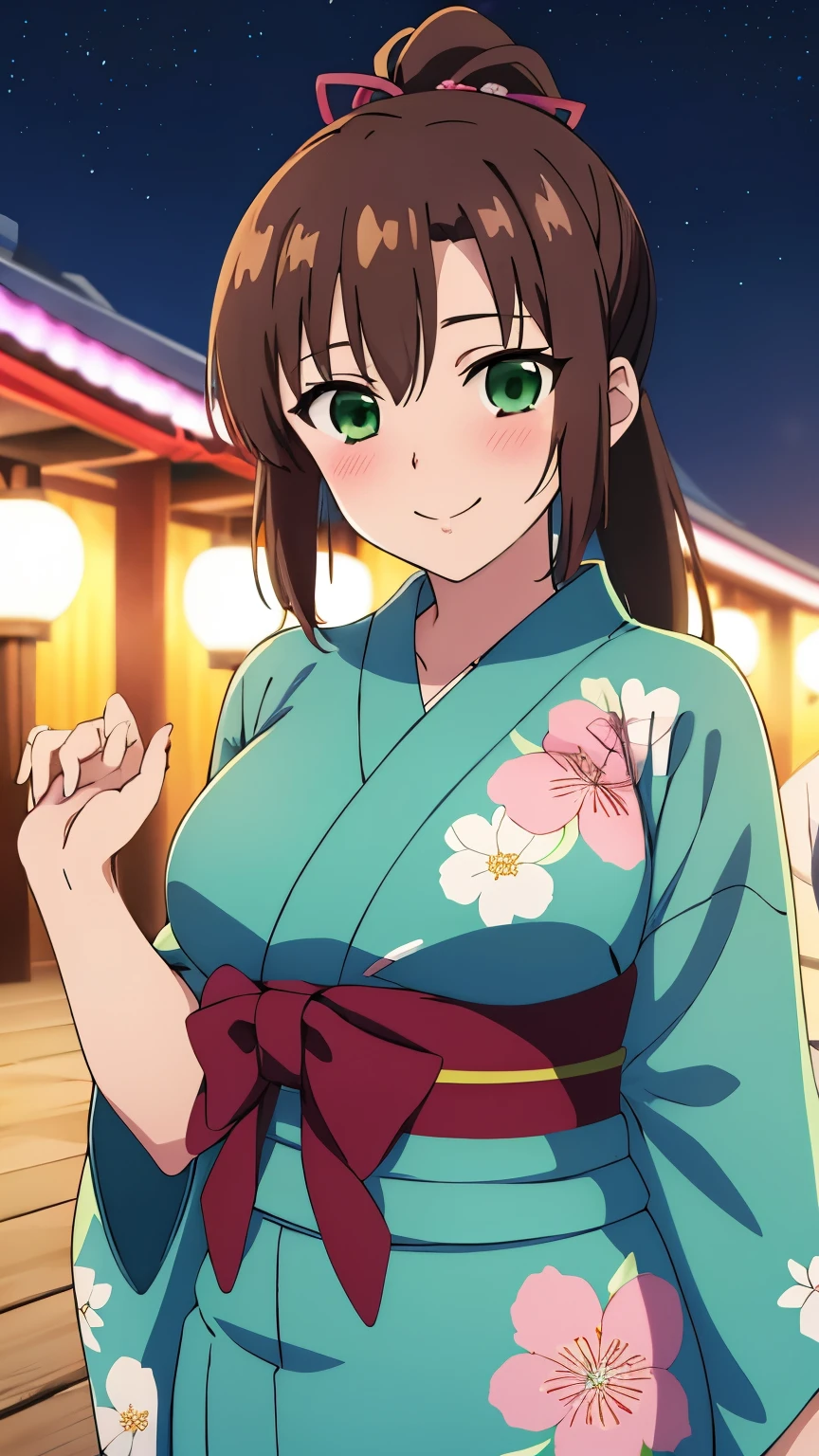 masterpiece, best quality, 8k, anime art style, Kirasaka Sayaka, Dark brown hair, ponytail, hair ribbon, (Floral yukata, floral hair accessories, hair tied up, summer festival,night, blushing, light smile), looking at the viewer, green eyes, light in the eyes, (big breasts: 0.7), cowboy shot