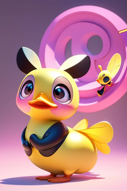 create an image of a beautiful and happy duck dressed as a bee with a skirt and with lines in pink, calypso and black colors together with a little bee in Pixar format. Write in cute shiny letters the name: "Patytos de Layme" in 3D in the background of the image.