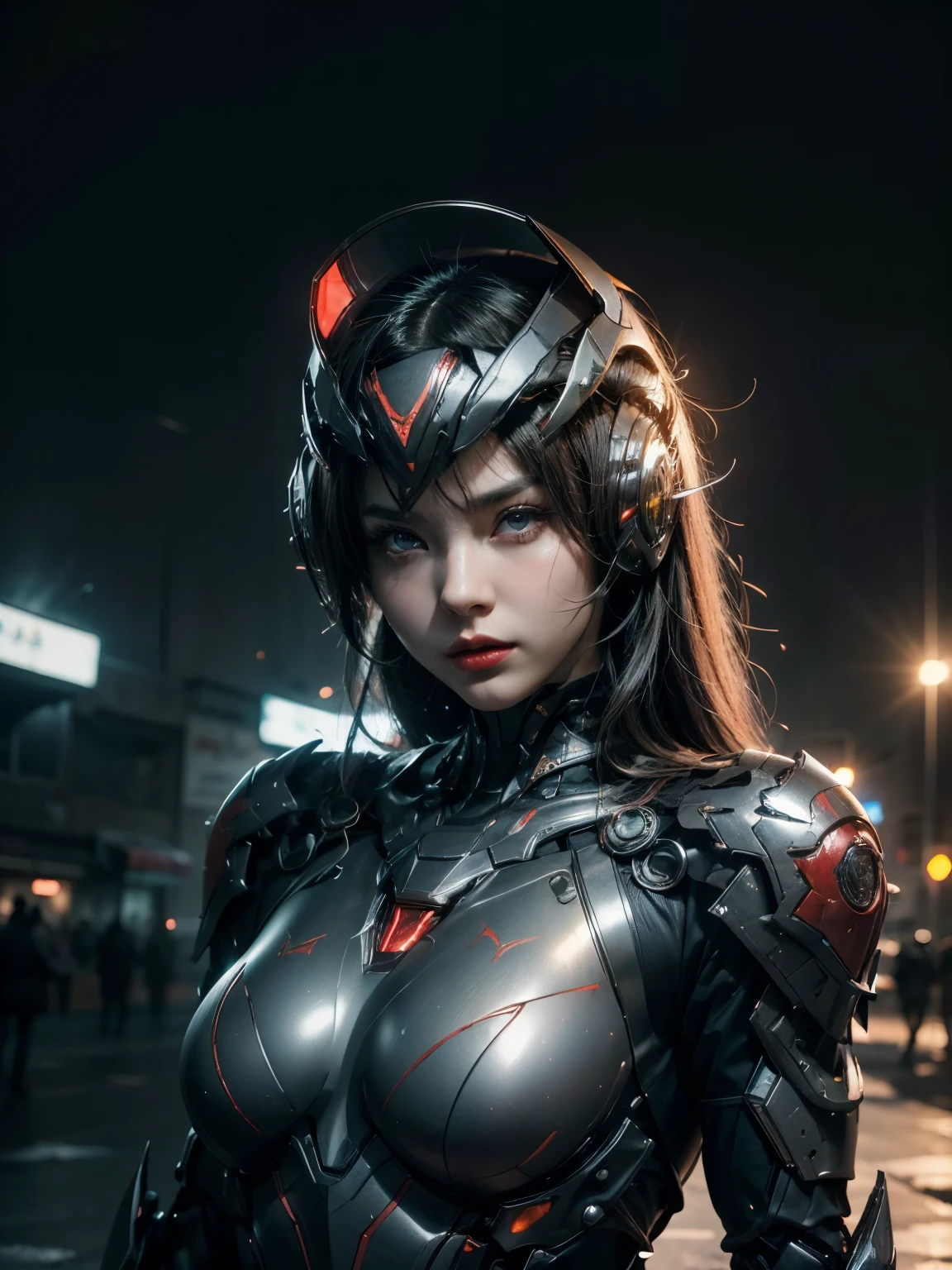 ((masterpiece、highest quality、Super detailed、High resolution、photorealistic、sharp focus、cinematic lighting))、bust shot、high contrast、future girl、wearing armor、red lips、highly detailed eyes and face、beautiful eyeechanical joint、Combat goggles、Armoured helmet、dark atmosphere、The background is a futuristic city、planet floating in the sky、dynamic action pose、model shooting style、view audience、mecha musume、headgear、mecha