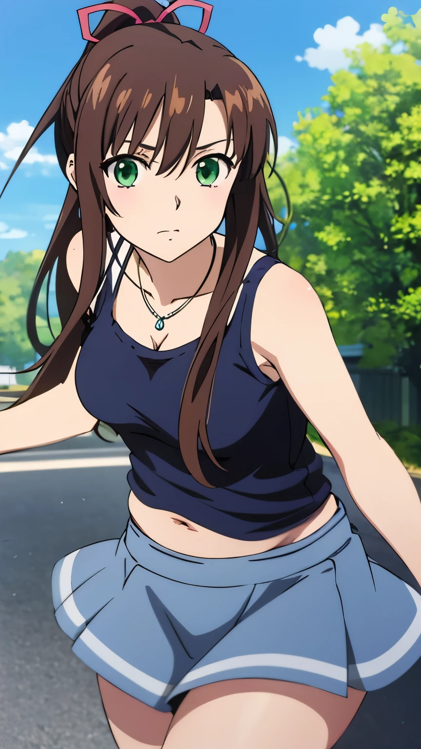 masterpiece, best quality, 8k, anime art style, Kirasaka Sayaka, Dark brown hair, ponytail, hair ribbon, (Tank top,belly button necklace, mini skirt, blue sky), dynamic angle, looking at the viewer, green eyes, light in the eyes, (big breasts: 0.7), cowboy shot