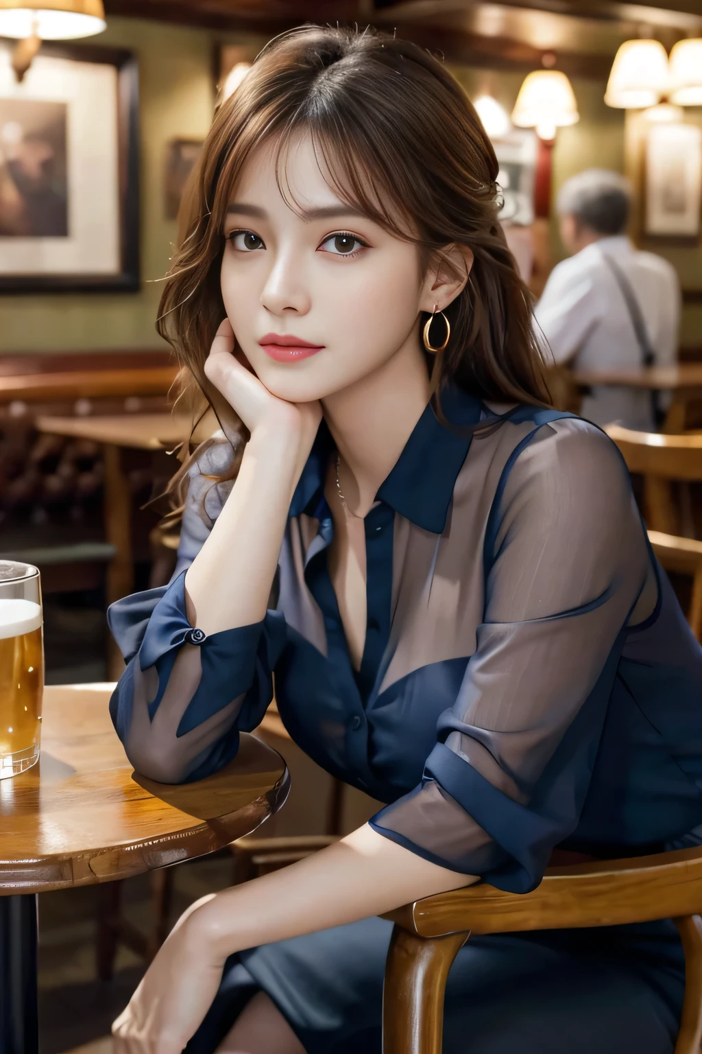 masterpiece, highest quality, Realistic, Very detailed, Finer details, High resolution, 8k wallpaper, One beautiful woman, Wear a navy blue see-through blouse, In a great pub, At night, Light brown messy hair, Perfect dynamic composition, Beautiful and beautiful eyes、Big earrings、Sitting on a chair、