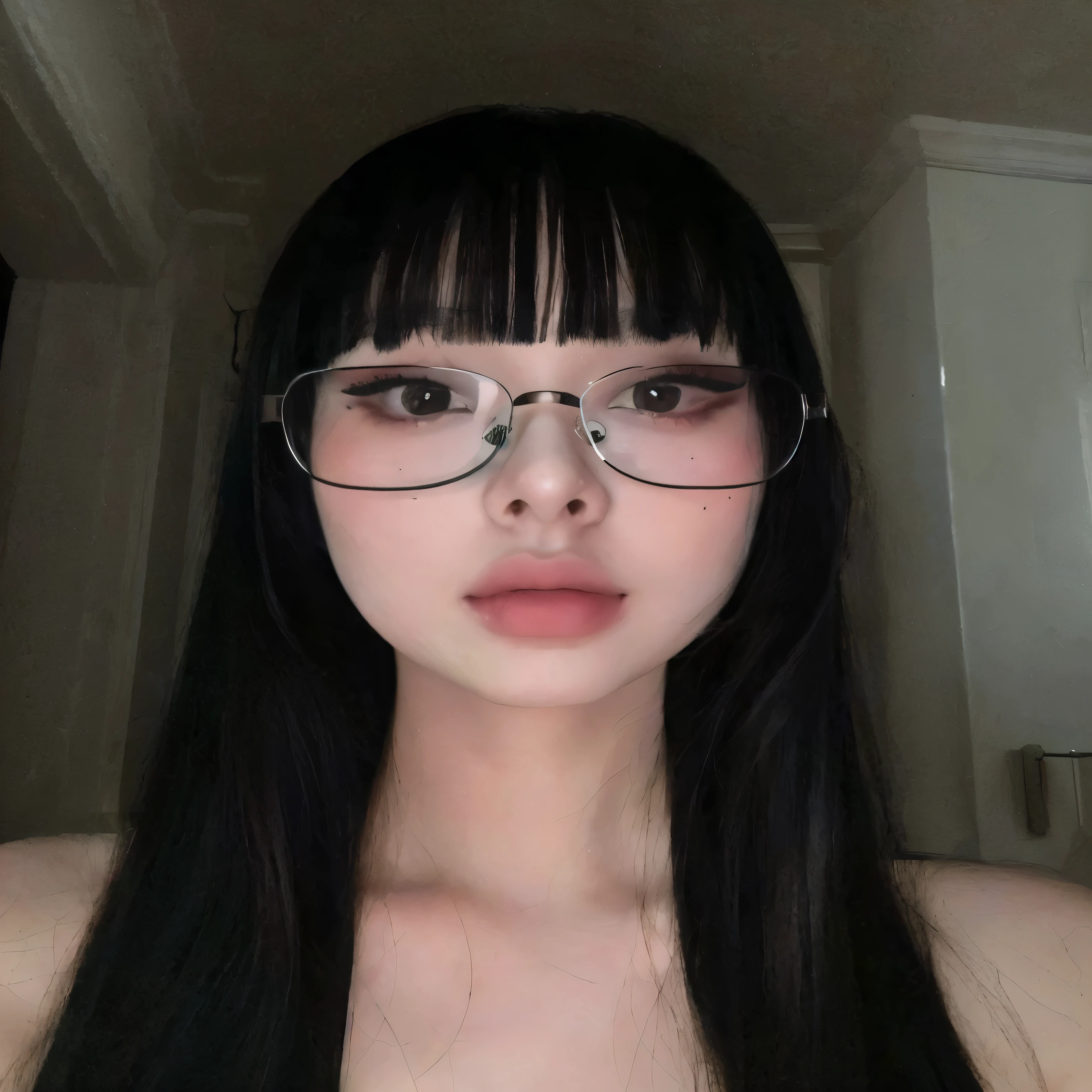a close up of a woman con gafas and long hair, con gafas, ella tiene el pelo negro con flequillo, con gafas, bella delfina, 18 years, long flequillo recto, cabello limpio con flequillo, cruel korean gothic girl, korean symmetrical face, muchacha coreana, con gafas cuadradas, con flequillo completo, ulzzang, 22 years, flequillo recto