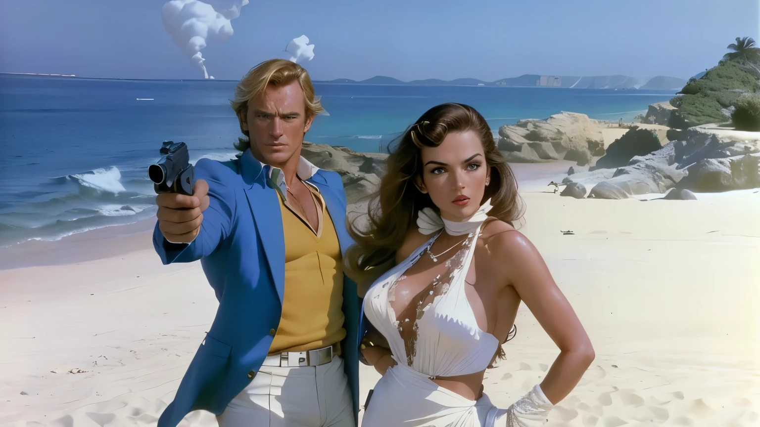 French man and American woman standing on beach with guns, A scene from the 1973 film, Bond Girl, James Bond movie still, 1 9 7 0 s film, 70s Cinestir, Classic Bond Iconic Shots, has a smoking ray gun, Hold the ray gun, for 1 9 7 0 s'sci - fi