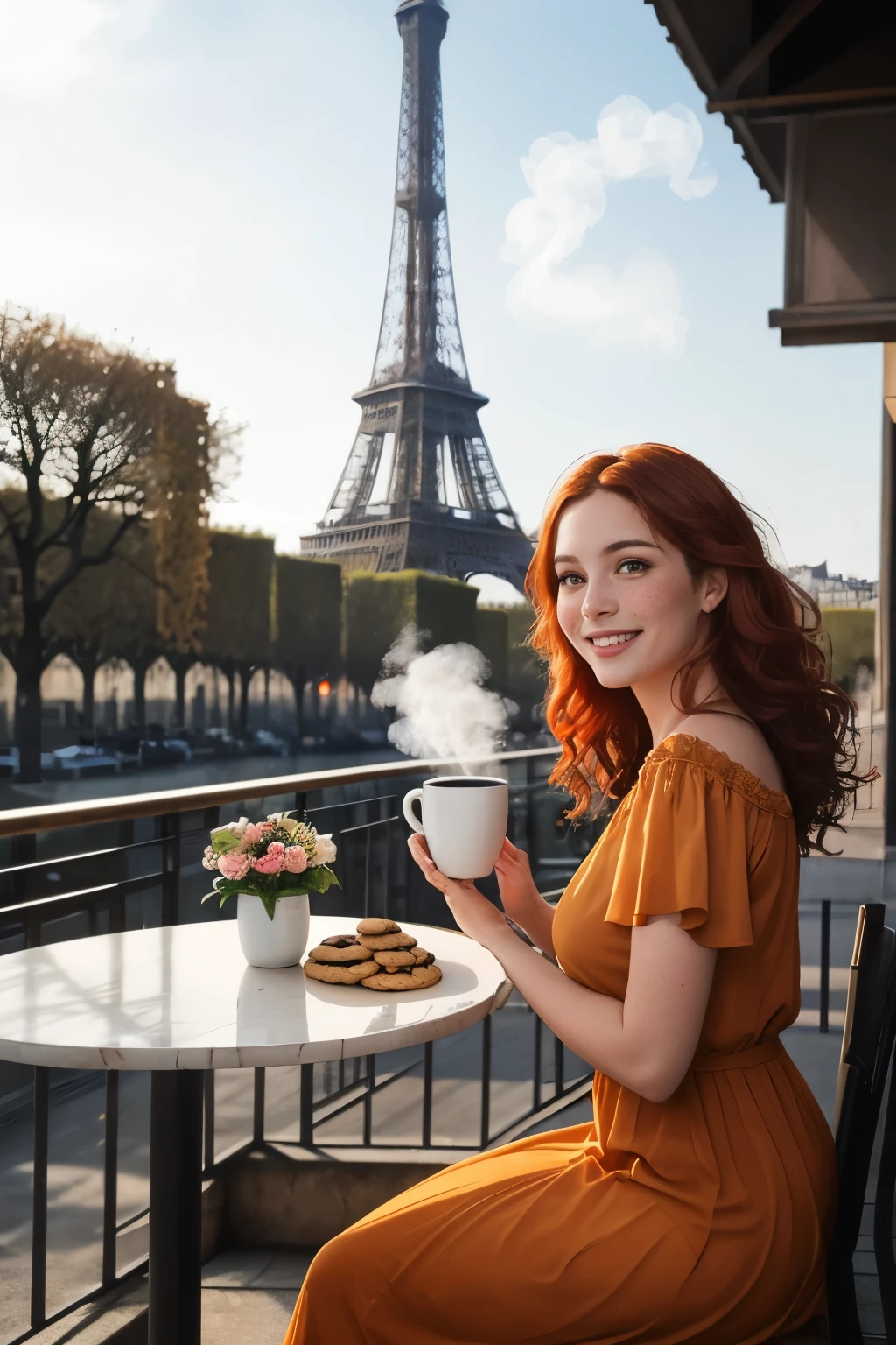 I imagine a sunny morning in Paris, com uma bela sacada de ferro forjado adornada com floreiras cheias de flores coloridas. Na sacada, a charming woman with wavy red hair and delicate freckles on her face is sitting at the table. She is wearing an orange dress that complements her complexion and contrasts beautifully with the Parisian landscape in the background..

A woman holds a steaming cup of coffee in one hand while the other is reaching toward a platter of freshly baked cookies.. The coffee steam rises gently, blending into the fresh morning air. Um sorriso luminoso ilumina seu rosto, reflecting the joy of being in one of the most romantic places in the world.

Ao fundo, the iconic Parisian buildings stand majestically: the Eiffel Tower in the distance, the city&#39;s distinctive rooftops spreading as far as the eye can see. The sky is blue and clear, creating the perfect setting for this serene and enchanting moment. qualidade)), ((Obra de arte)), (detalhado), rosto perfeito