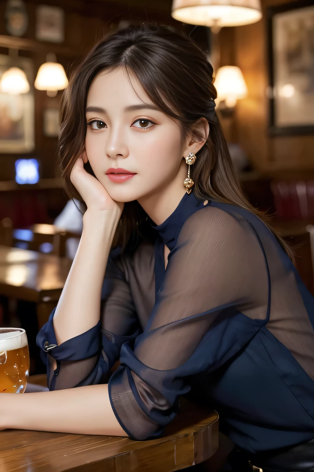 masterpiece, highest quality, Realistic, Very detailed, Finer details, High resolution, 8k wallpaper, One beautiful woman, Wear a navy blue see-through blouse, In a great pub, At night, Light brown messy hair, Perfect dynamic composition, Beautiful and beautiful eyes、Big earrings、Sitting on a chair、