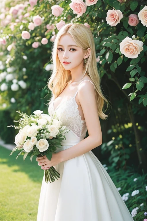 Her blonde hair flutters in the wind、Beautiful eyes and lips、Dressed in an elegant white dress、Standing in a vibrant garden。Surrounded by beautiful roses and greenery、The sun shines gently on her perfect skin.。She has been meticulously drawn in every detail.、It&#39;s like something that came out of a painting.。