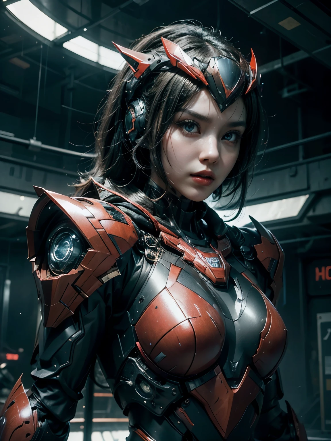 ((masterpiece、highest quality、Super detailed、High resolution、photorealistic、sharp focus、cinematic lighting))、bust shot、high contrast、future girl、wearing armor、red lips、highly detailed eyes and face、beautiful eyeechanical joint、Combat goggles、Armoured helmet、dark atmosphere、The background is a futuristic city、planet floating in the sky、dynamic action pose、model shooting style、view audience、mecha musume、headgear、mecha